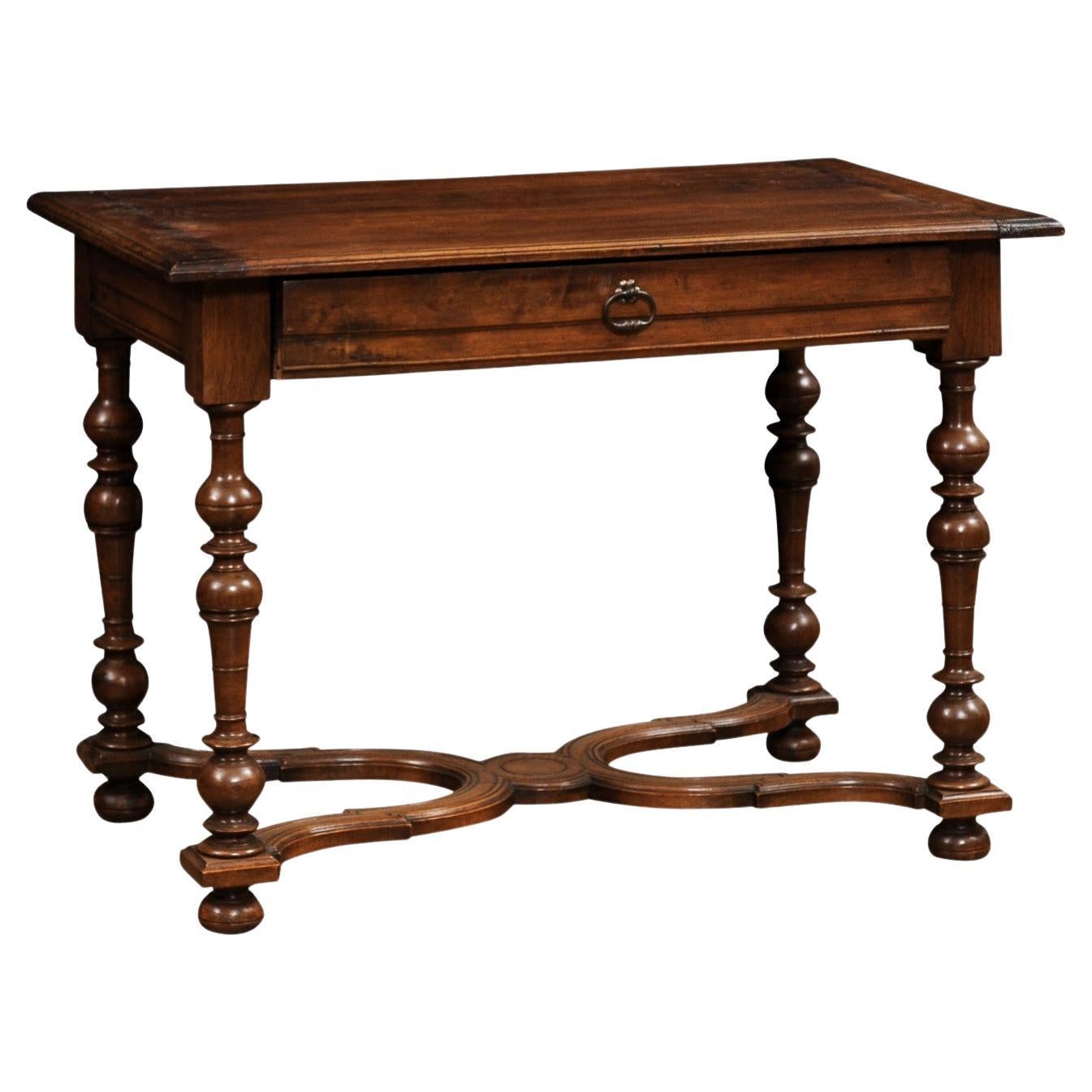 French Louis XIII Style 1890s Walnut Side Table with Curving X-Form Stretcher For Sale