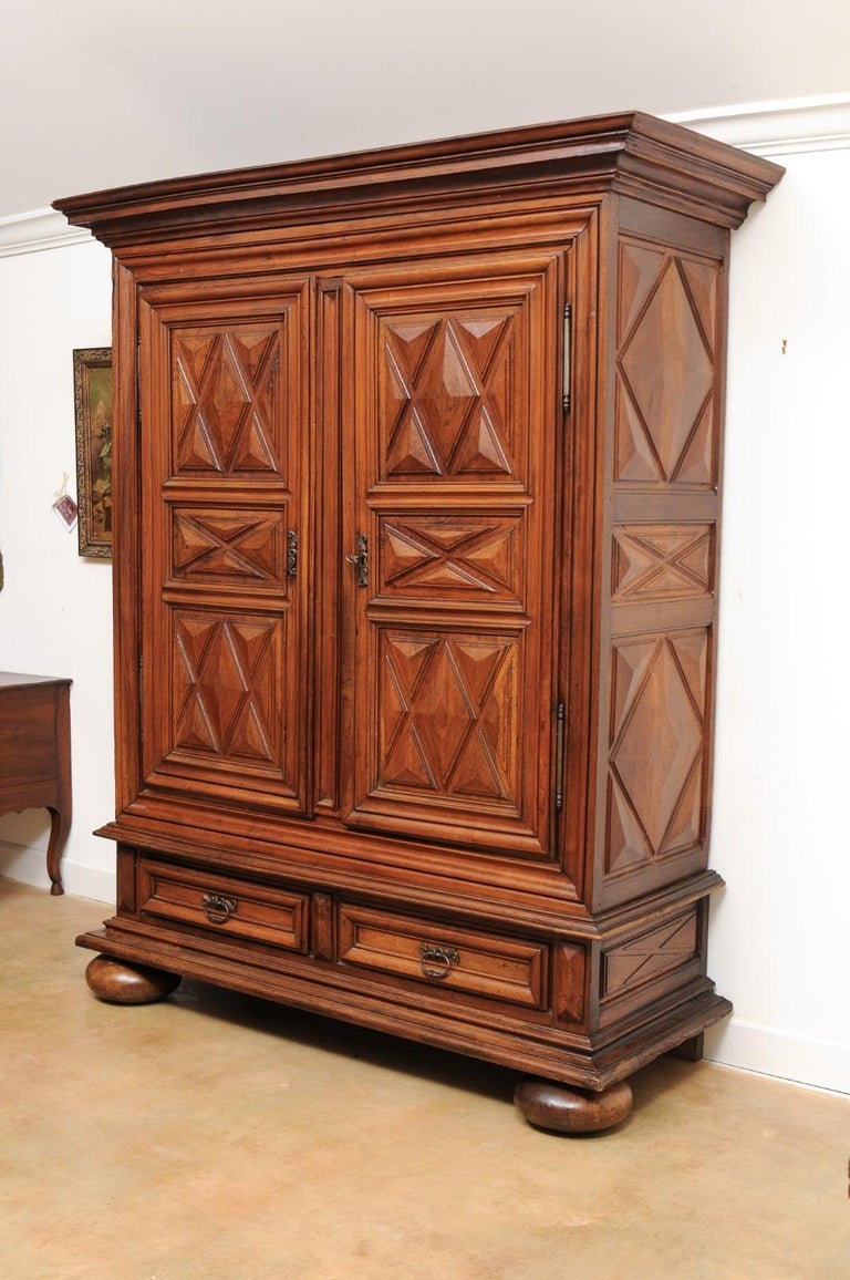 French Louis XIII Style 19th Century Walnut Armoire with Raised Diamond
