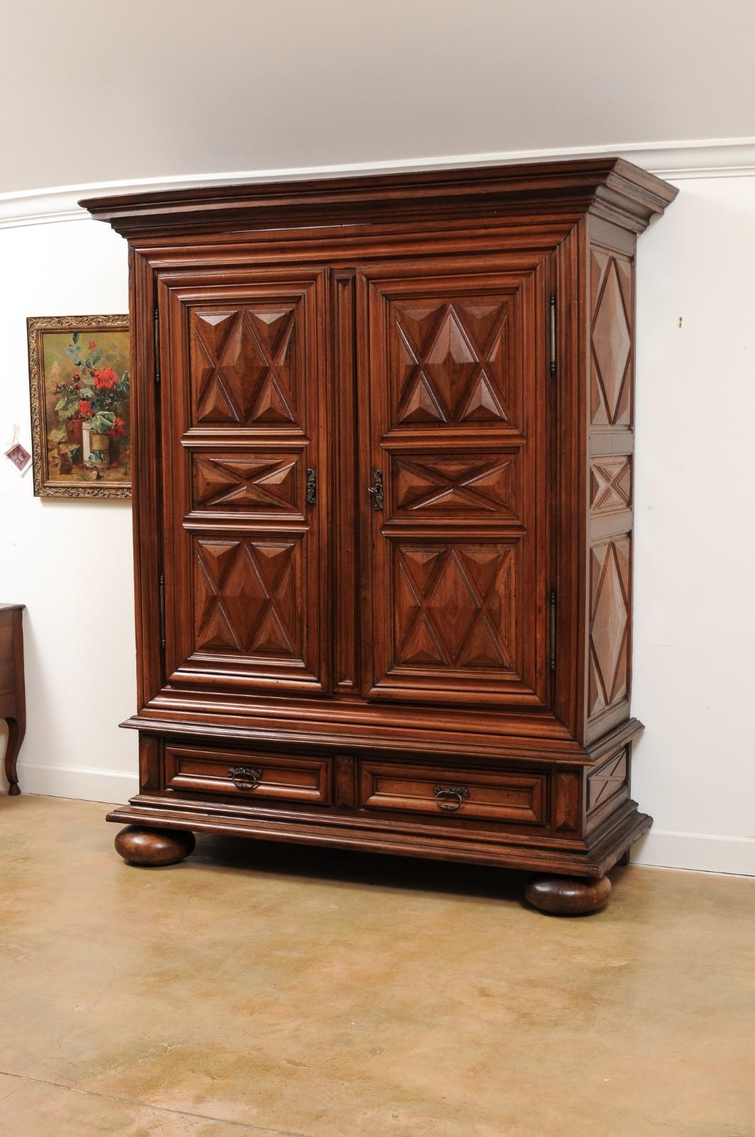 French Louis XIII Style 19th Century Walnut Armoire with Raised Diamond Motifs In Good Condition In Atlanta, GA