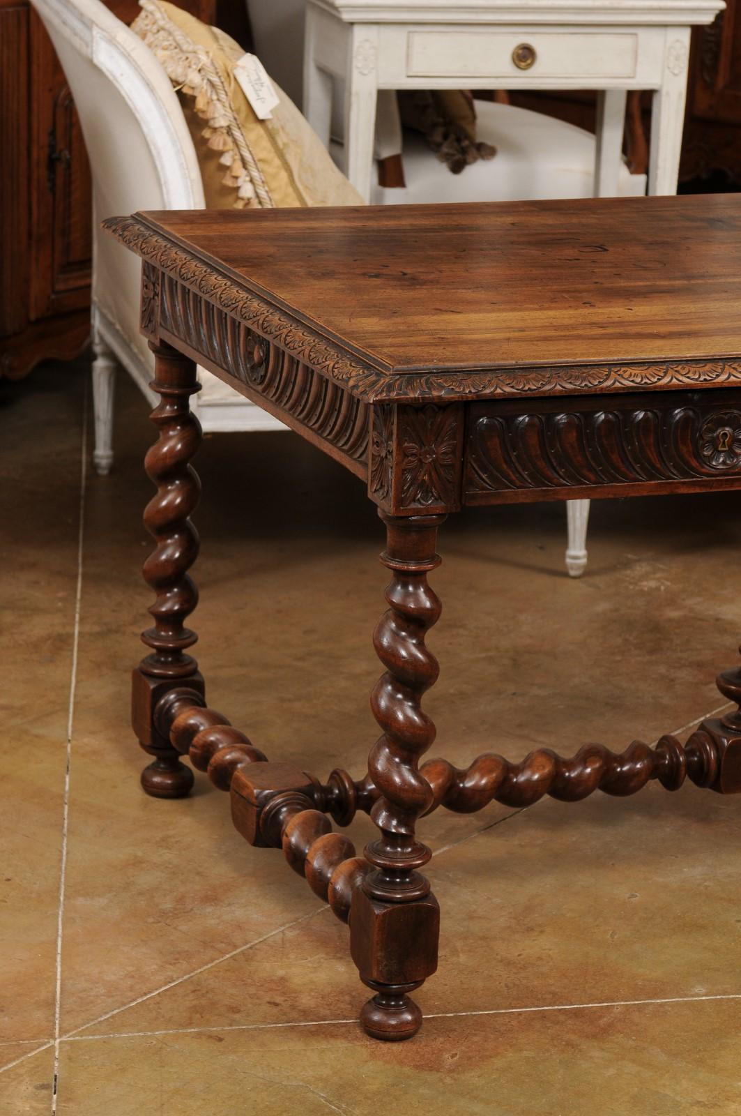 Carved French Louis XIII Style 19th Century Walnut Barley Twist Desk with Stretcher