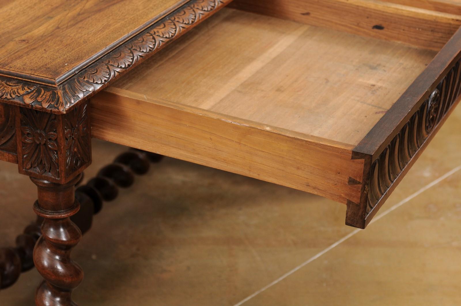 French Louis XIII Style 19th Century Walnut Barley Twist Desk with Stretcher 1