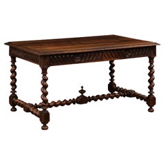 French Louis XIII Style 19th Century Walnut Barley Twist Desk with Stretcher