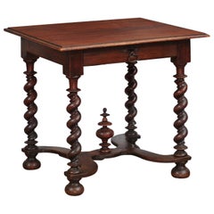 French Louis XIII Style 19th Century Walnut Barley Twist Side Table with Drawer