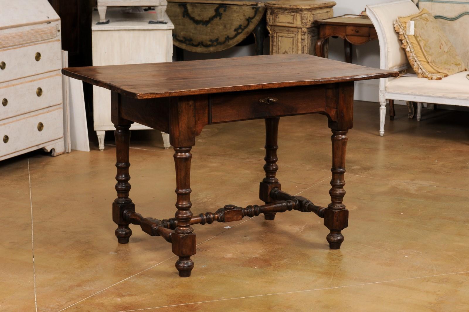 French Louis XIII Style 19th Century Walnut Table with Turned Legs and Stretcher In Good Condition For Sale In Atlanta, GA