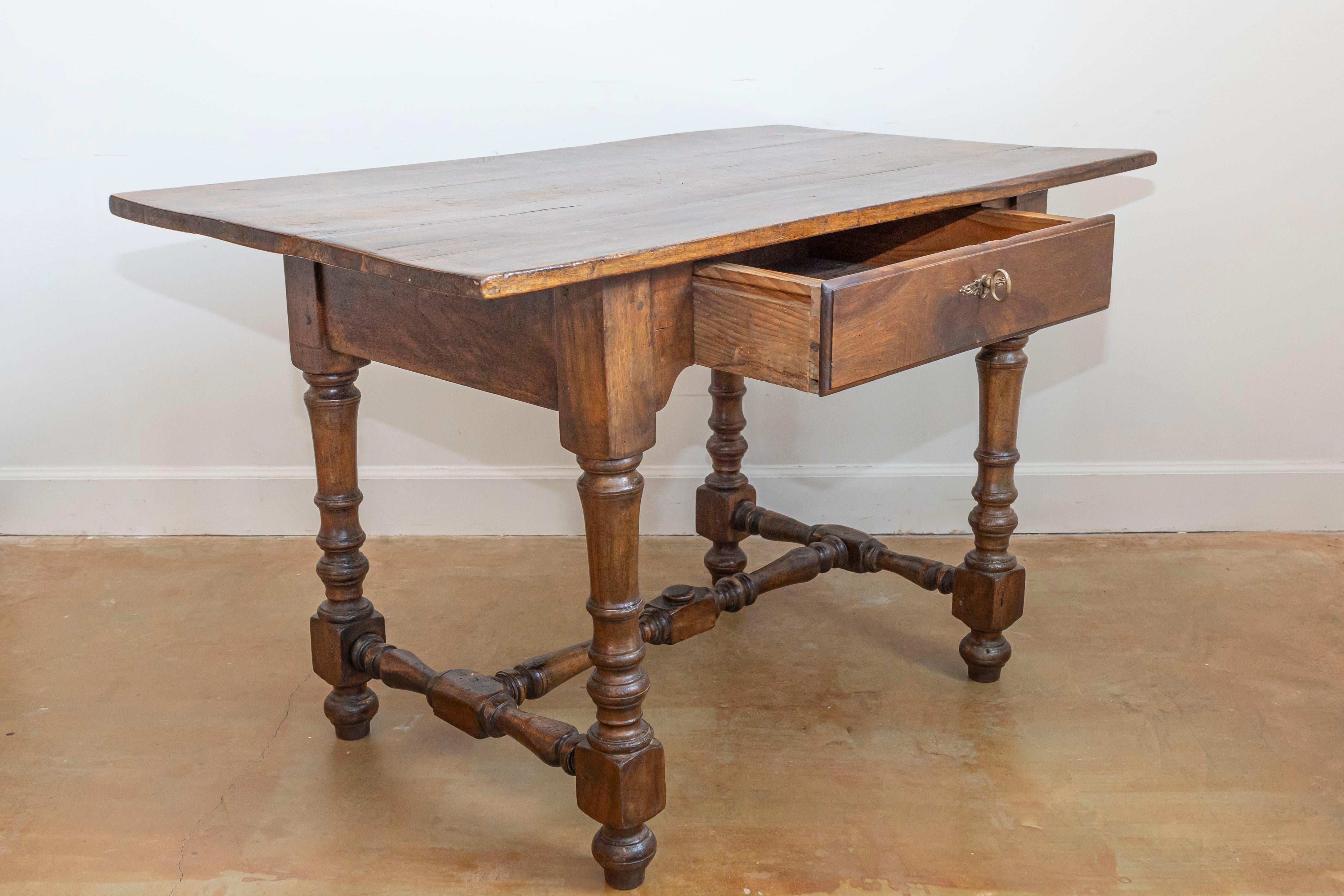 French Louis XIII Style 19th Century Walnut Table with Turned Legs and Stretcher In Good Condition In Atlanta, GA