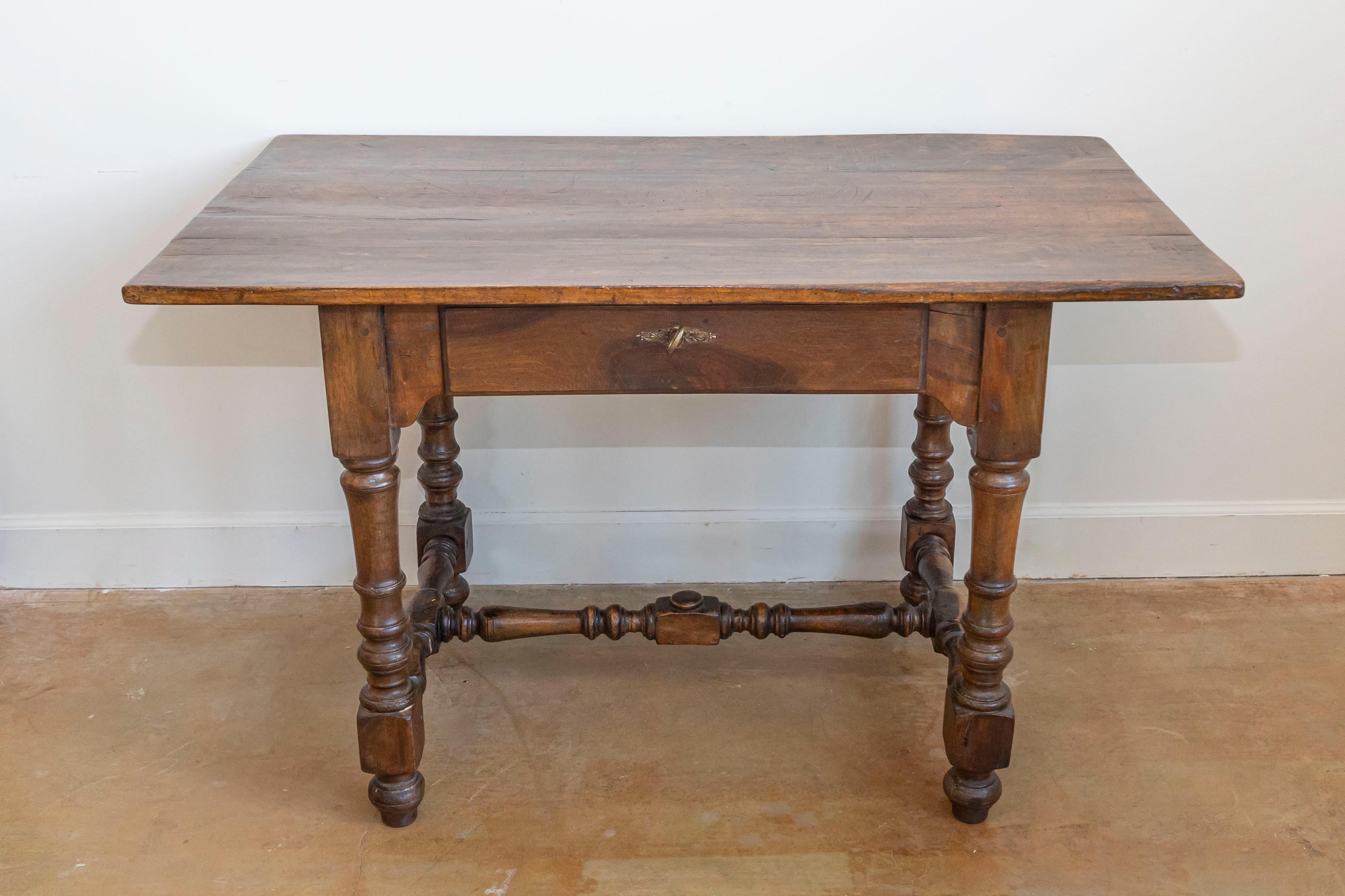 Bronze French Louis XIII Style 19th Century Walnut Table with Turned Legs and Stretcher