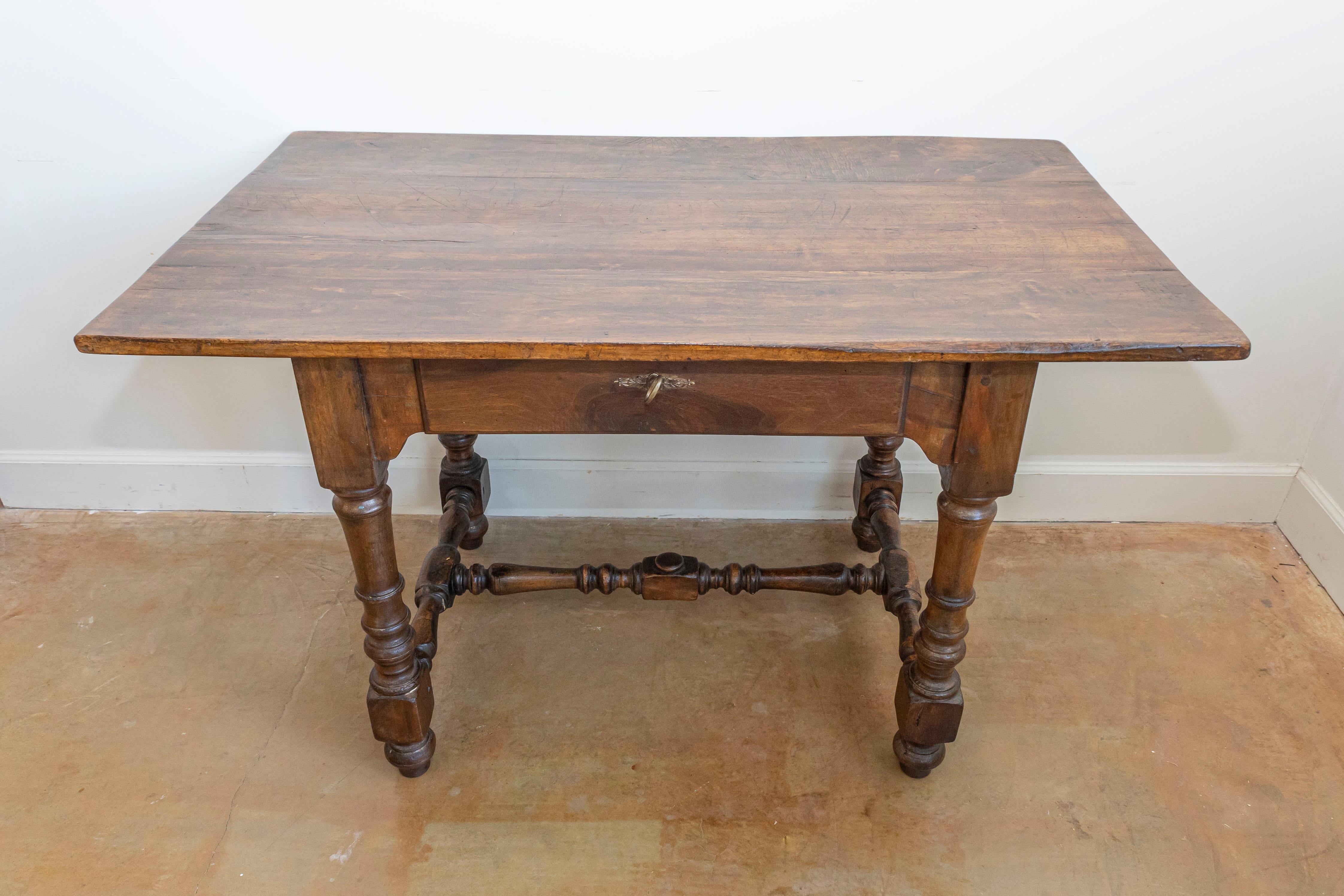 French Louis XIII Style 19th Century Walnut Table with Turned Legs and Stretcher 1