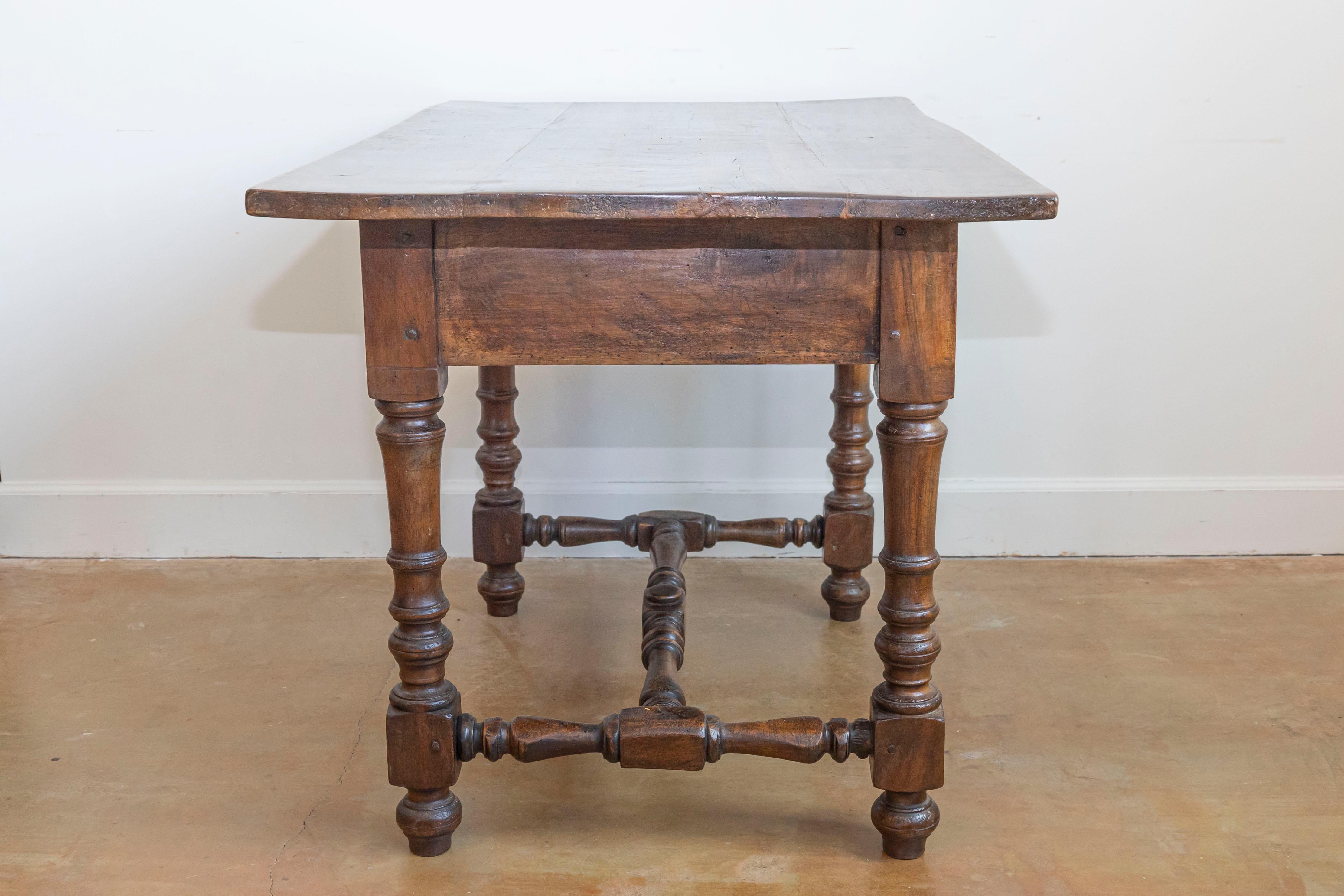 French Louis XIII Style 19th Century Walnut Table with Turned Legs and Stretcher 2