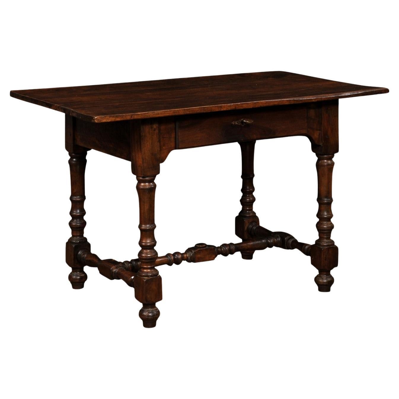 French Louis XIII Style 19th Century Walnut Table with Turned Legs and Stretcher For Sale