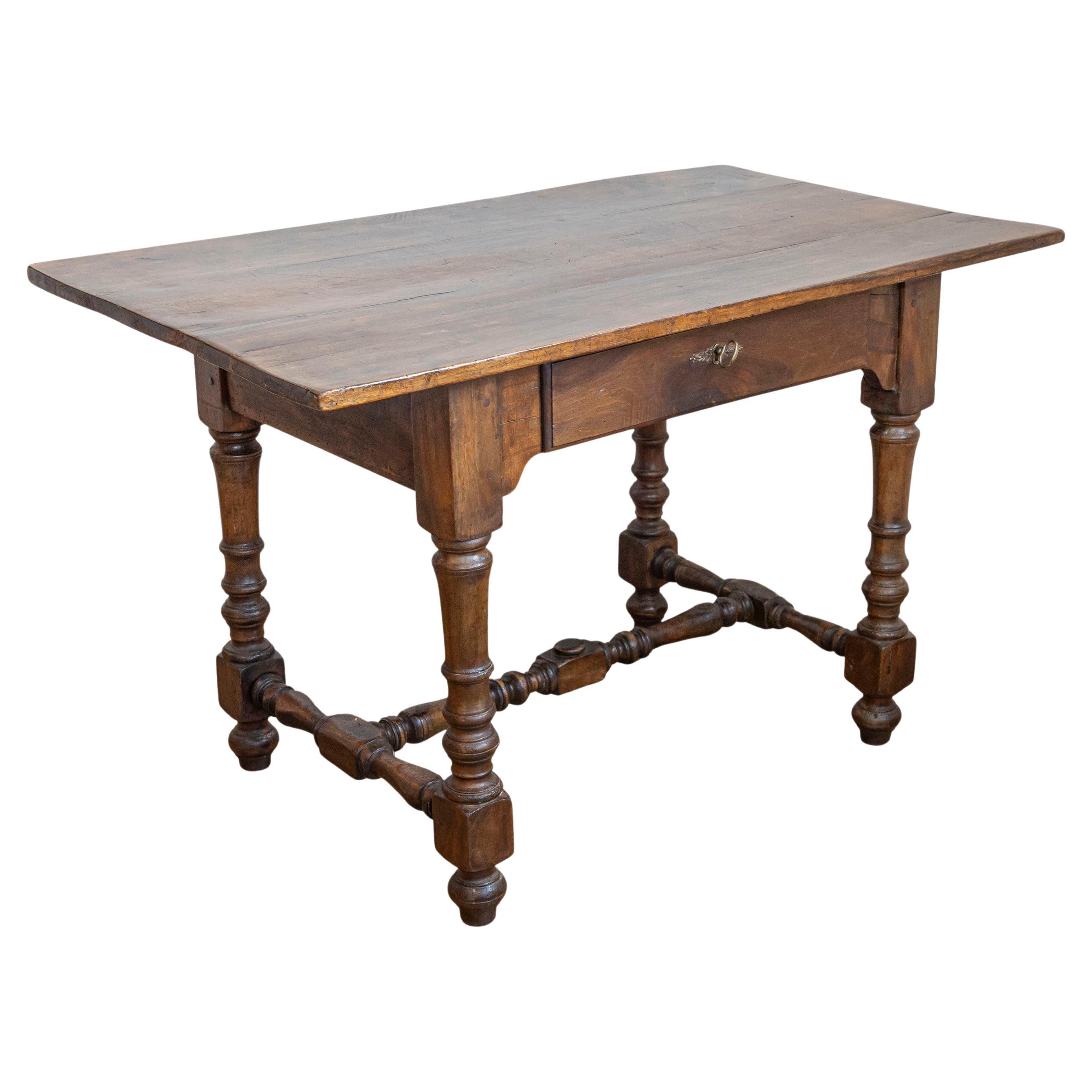 French Louis XIII Style 19th Century Walnut Table with Turned Legs and Stretcher