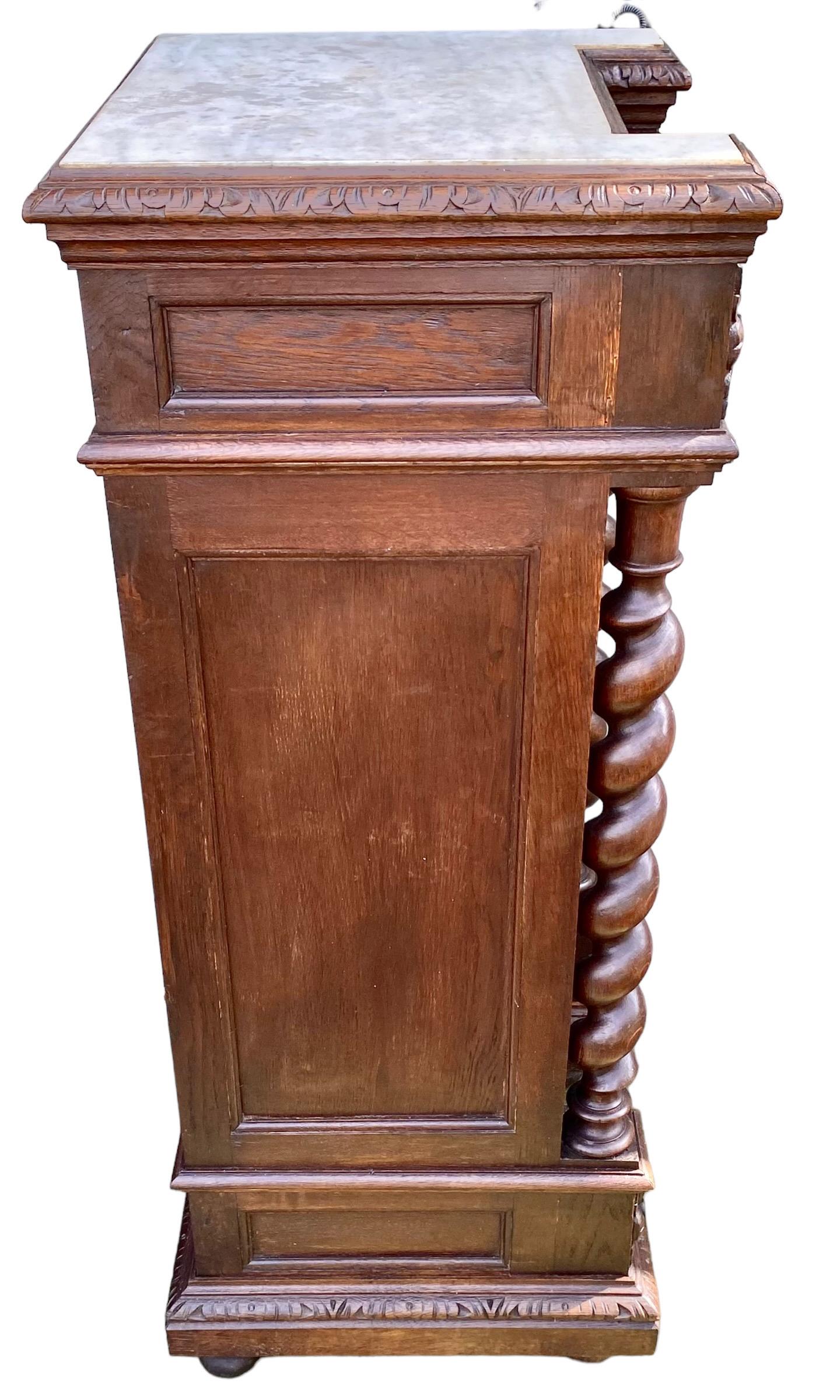 French Louis XIII Style Carved Oak Marble Top Nightstand, Late 19th Century 6