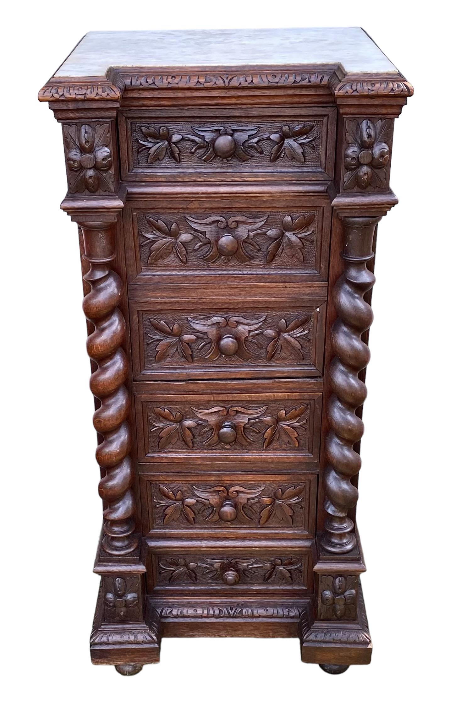French Louis XIII Style Carved Oak Marble Top Nightstand, Late 19th Century 10