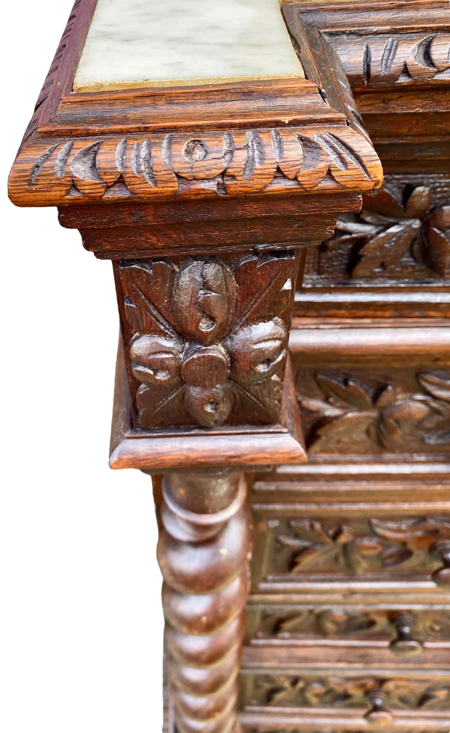 French Louis XIII Style Carved Oak Marble Top Nightstand, Late 19th Century 11