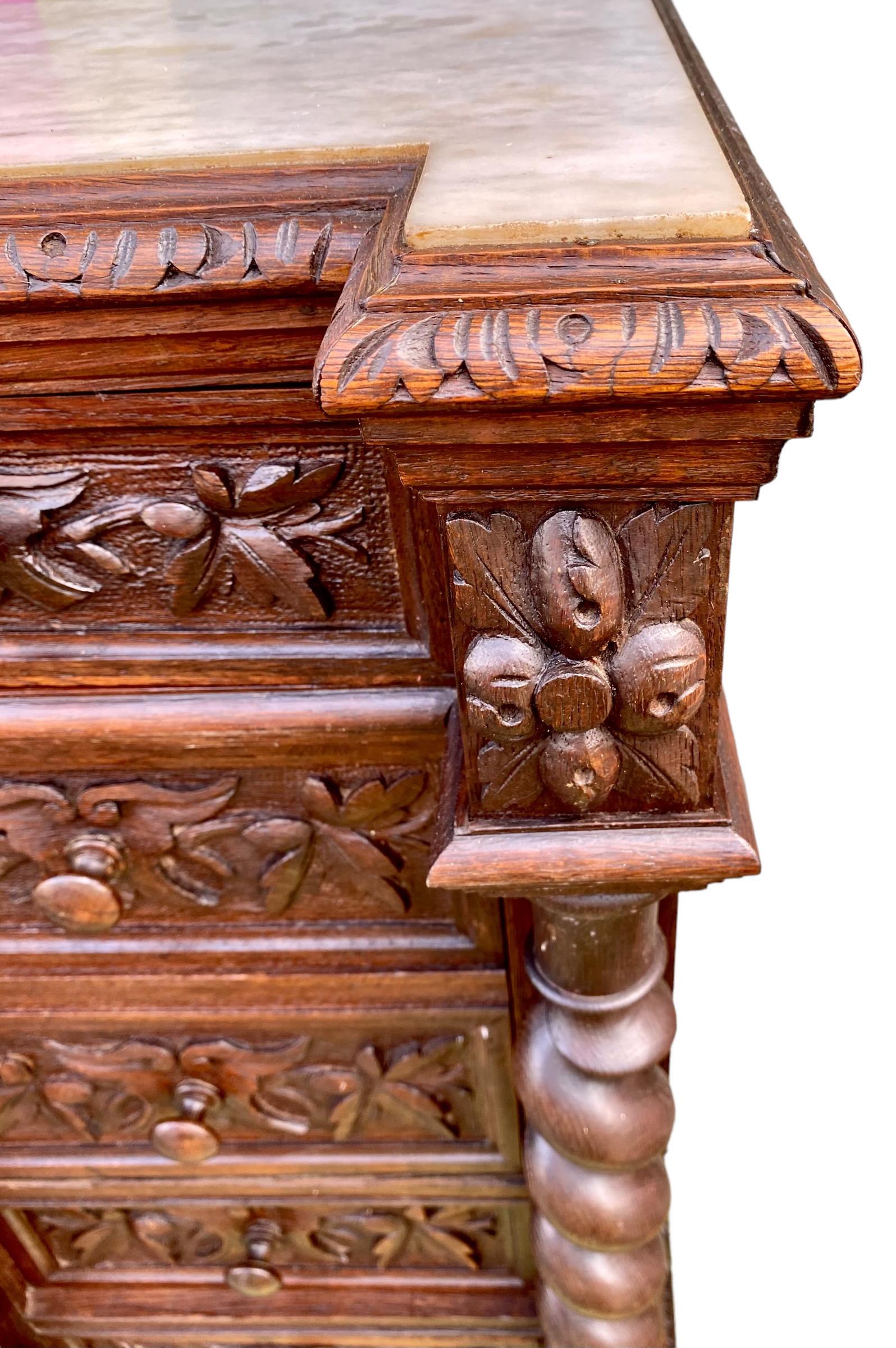 French Louis XIII Style Carved Oak Marble Top Nightstand, Late 19th Century 12