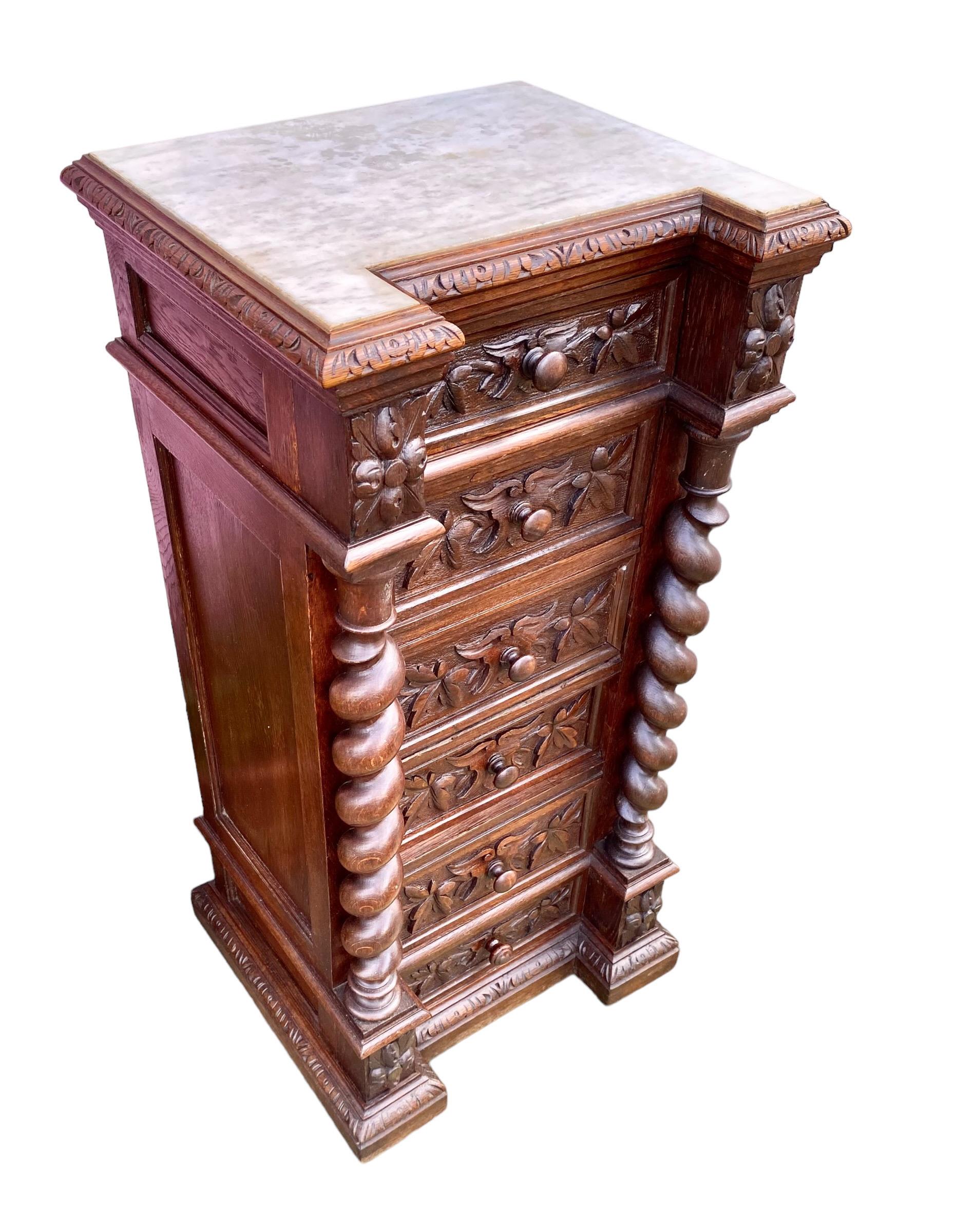 French Louis XIII Style Carved Oak Marble Top Nightstand, Late 19th Century 14