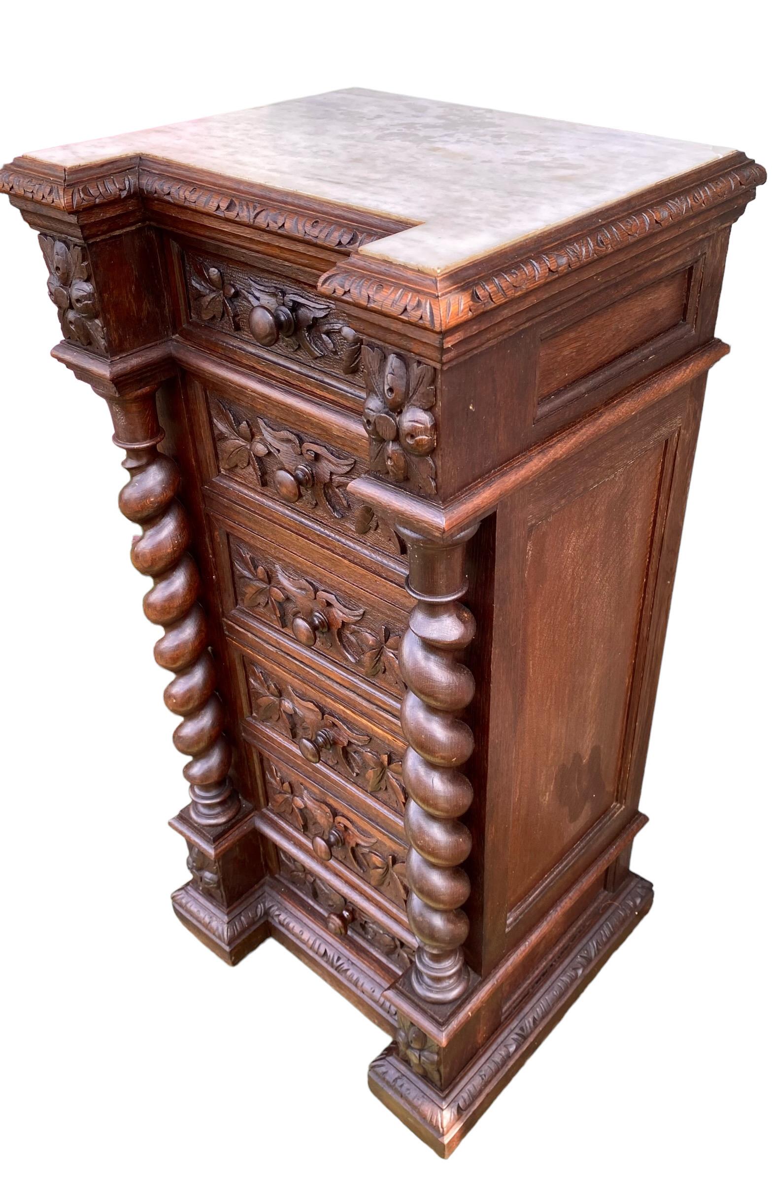 Hand-Carved French Louis XIII Style Carved Oak Marble Top Nightstand, Late 19th Century