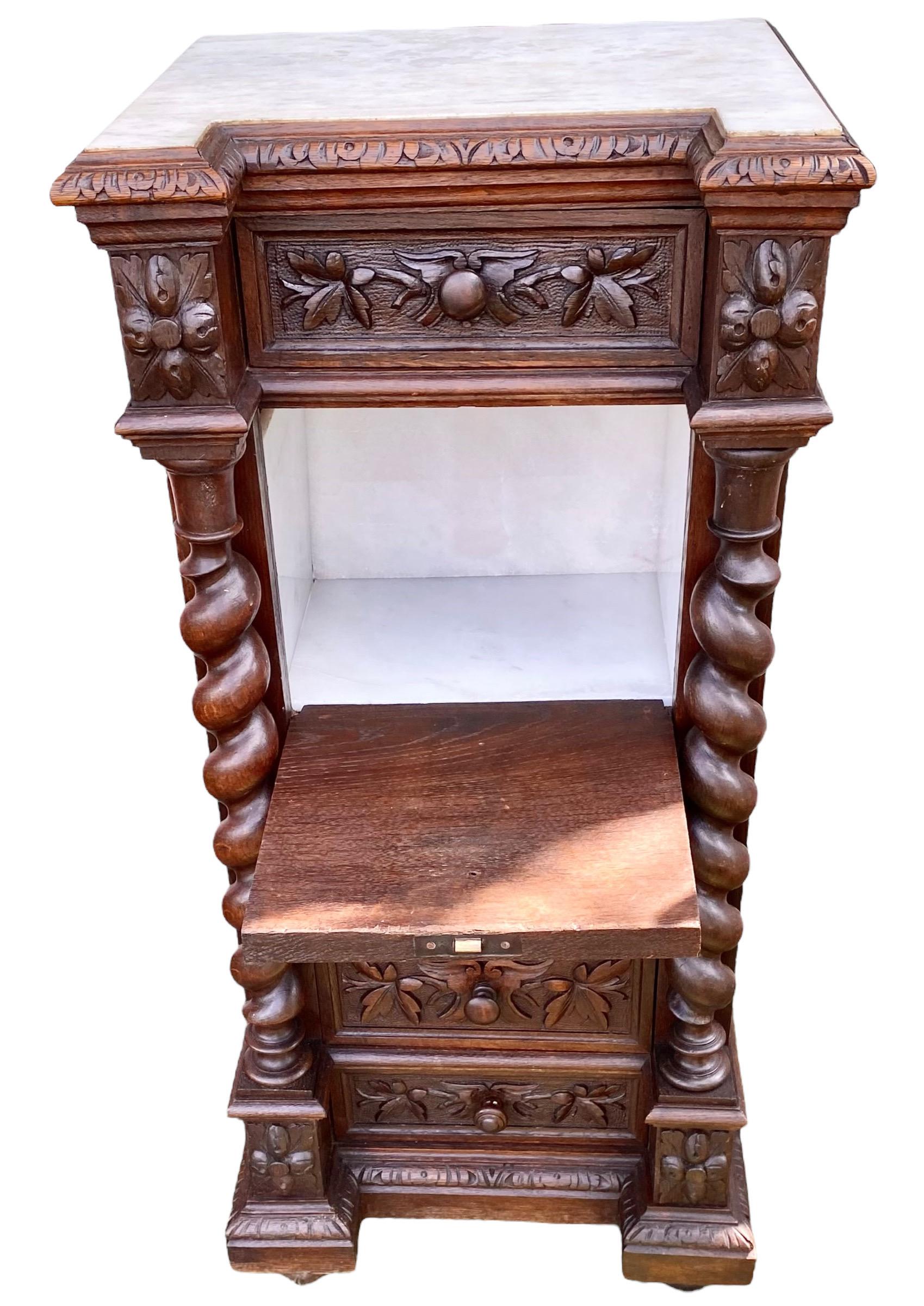 French Louis XIII Style Carved Oak Marble Top Nightstand, Late 19th Century In Good Condition In New Orleans, LA
