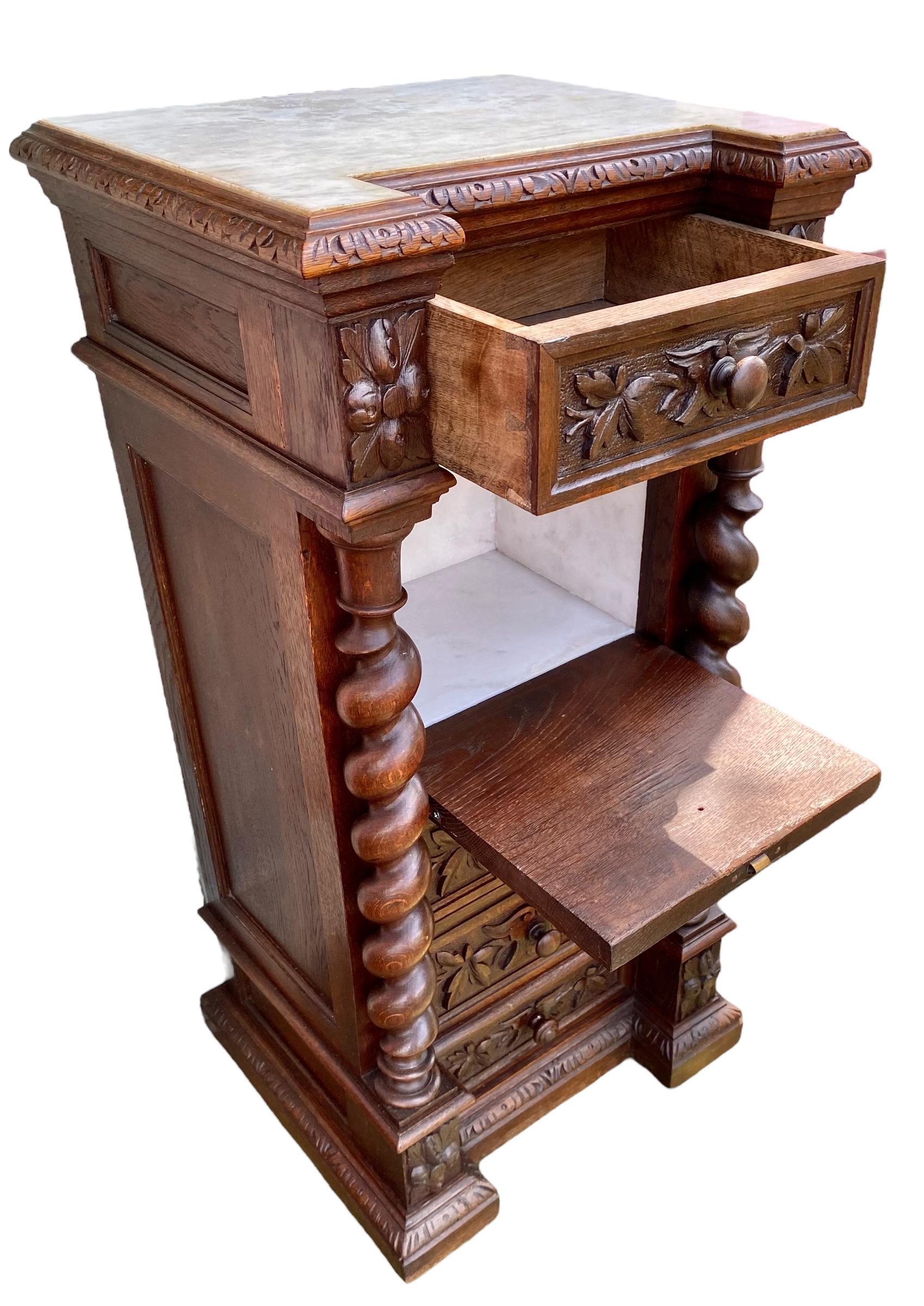French Louis XIII Style Carved Oak Marble Top Nightstand, Late 19th Century 1