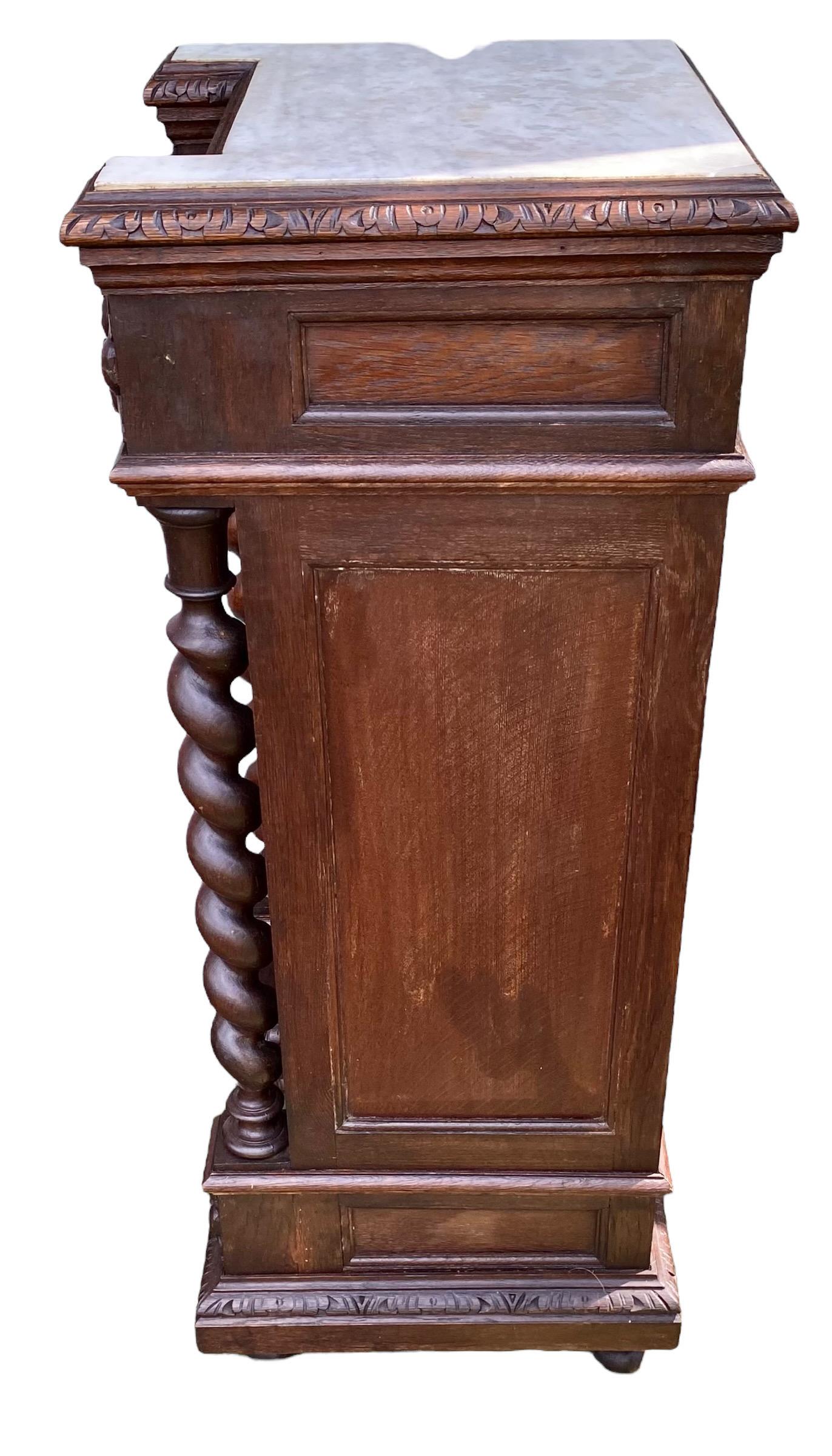 French Louis XIII Style Carved Oak Marble Top Nightstand, Late 19th Century 5