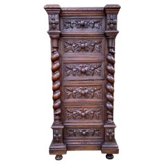 French Louis XIII Style Carved Oak Marble Top Nightstand, Late 19th Century