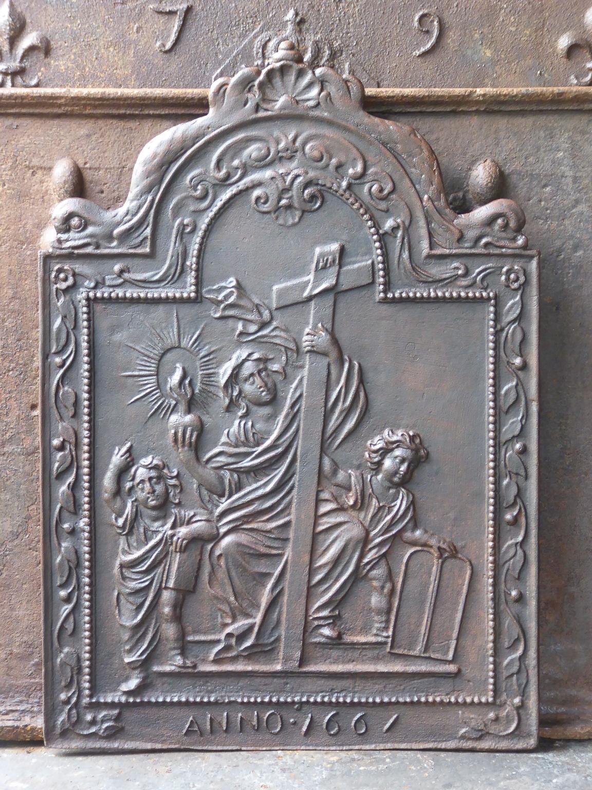 20th century French fireback with an allegory on Faith. Faith (from the triptych faith, hope and love, the three theological virtues). The fireback is made of cast iron and has a natural brown patina. Upon request it can be made black / pewter. It