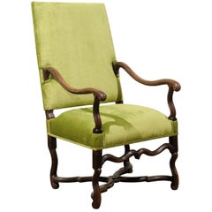French Louis XIII Style Green Upholstered Carved Fauteuil à la Reine, circa 1820