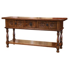 French Louis XIII Style Hand Carved Walnut Three-Drawer Console Sofa Table
