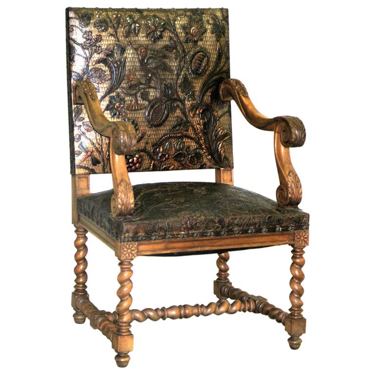 French Louis XIII Style Hand Tooled Leather Throne/ Armchair/ Lounge Chair, 1930