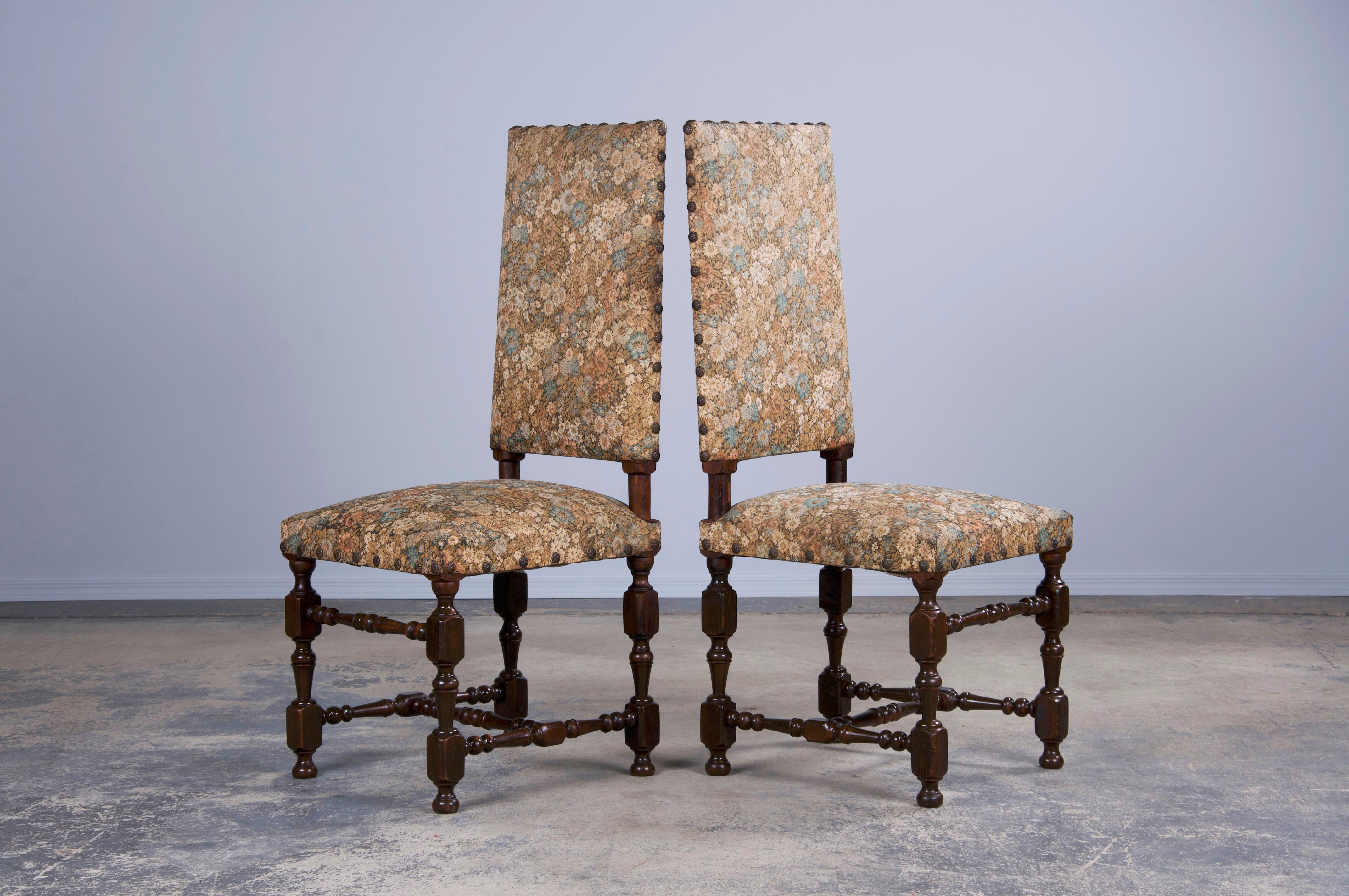 French Louis XIII Style Maple Dining Chairs W/ Floral Fabric - Set of 8 5