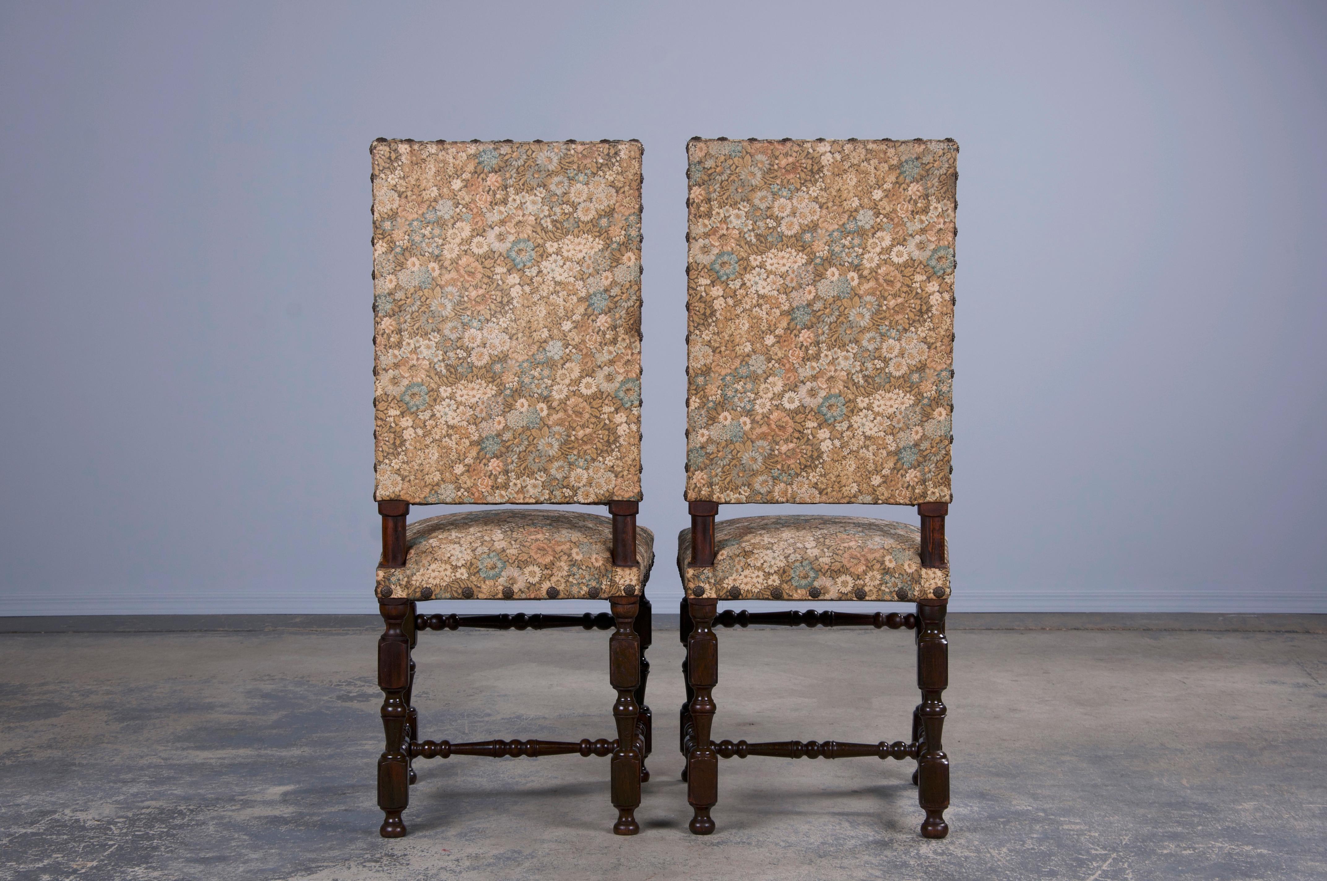 French Louis XIII Style Maple Dining Chairs W/ Floral Fabric - Set of 8 8