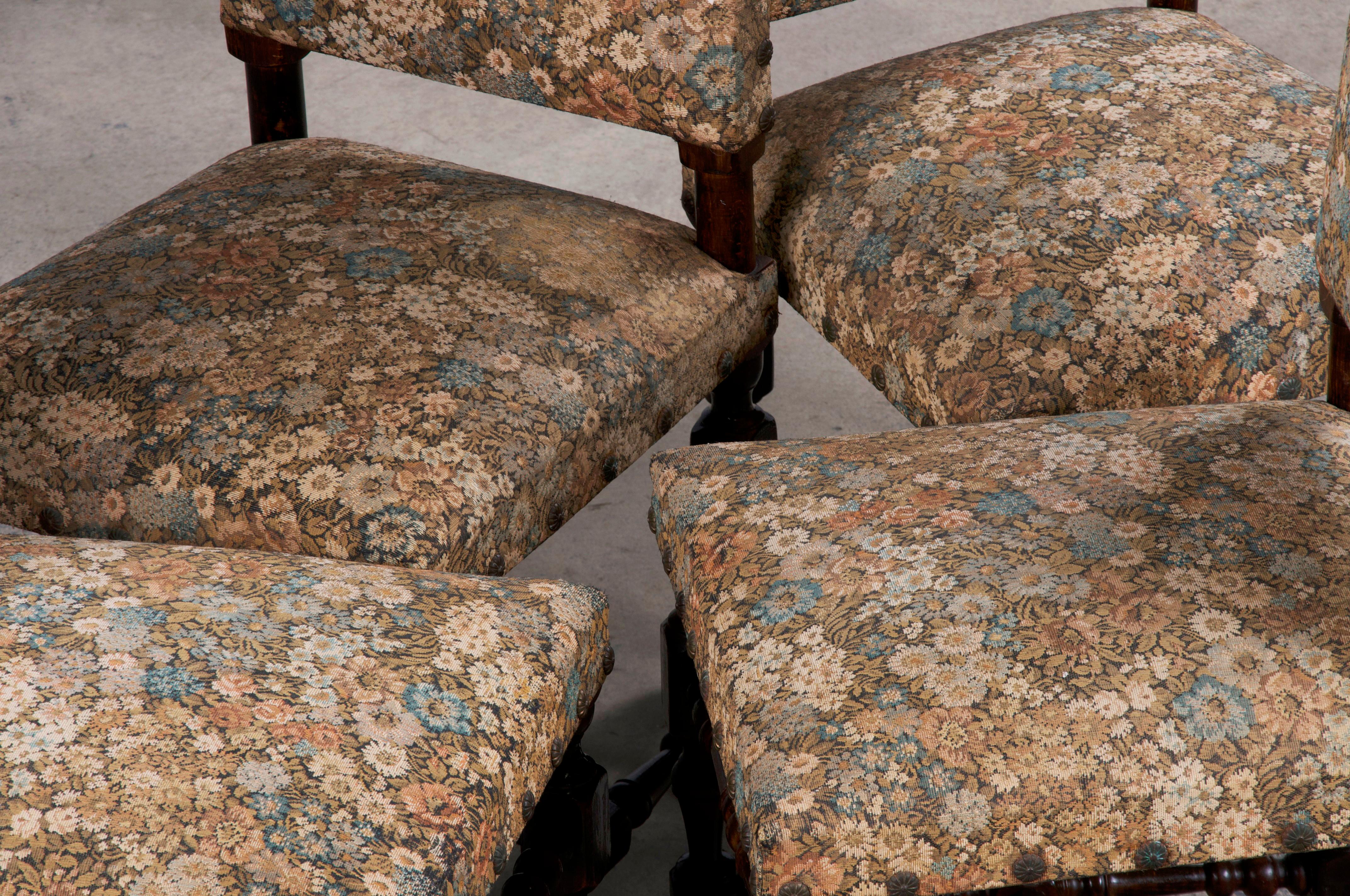 Hand-Carved French Louis XIII Style Maple Dining Chairs W/ Floral Fabric - Set of 8