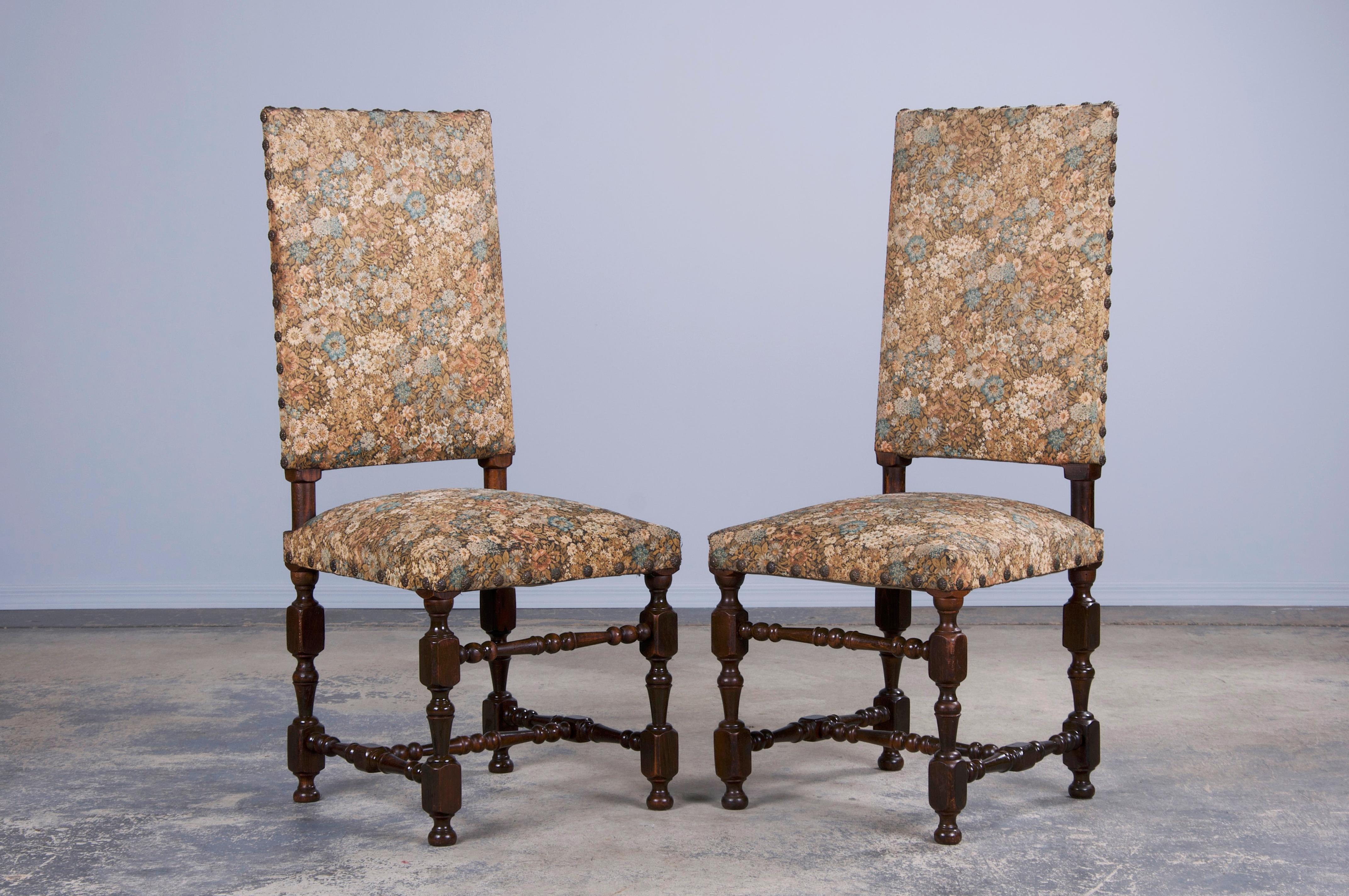 20th Century French Louis XIII Style Maple Dining Chairs W/ Floral Fabric - Set of 8
