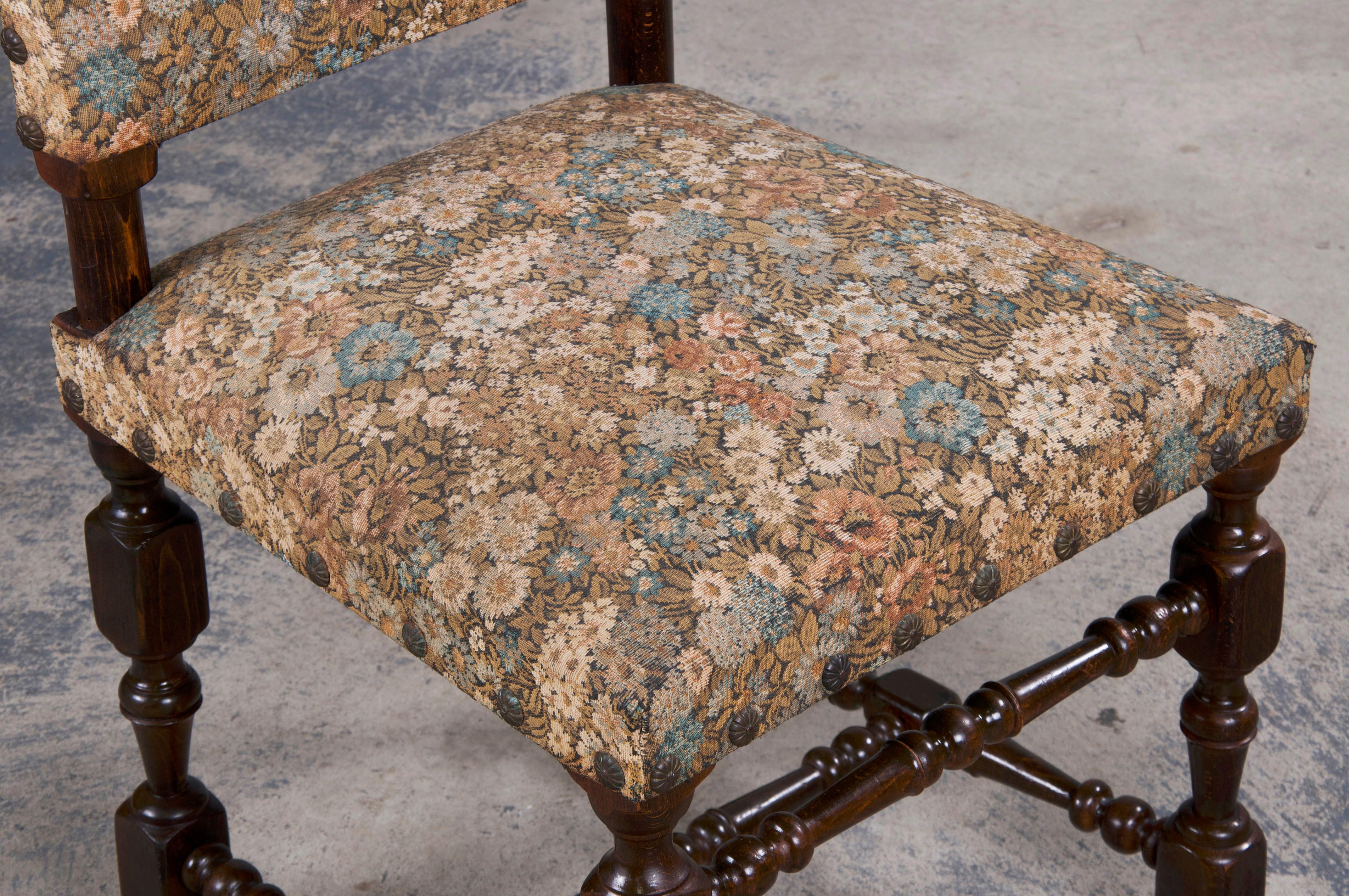French Louis XIII Style Maple Dining Chairs W/ Floral Fabric - Set of 8 2