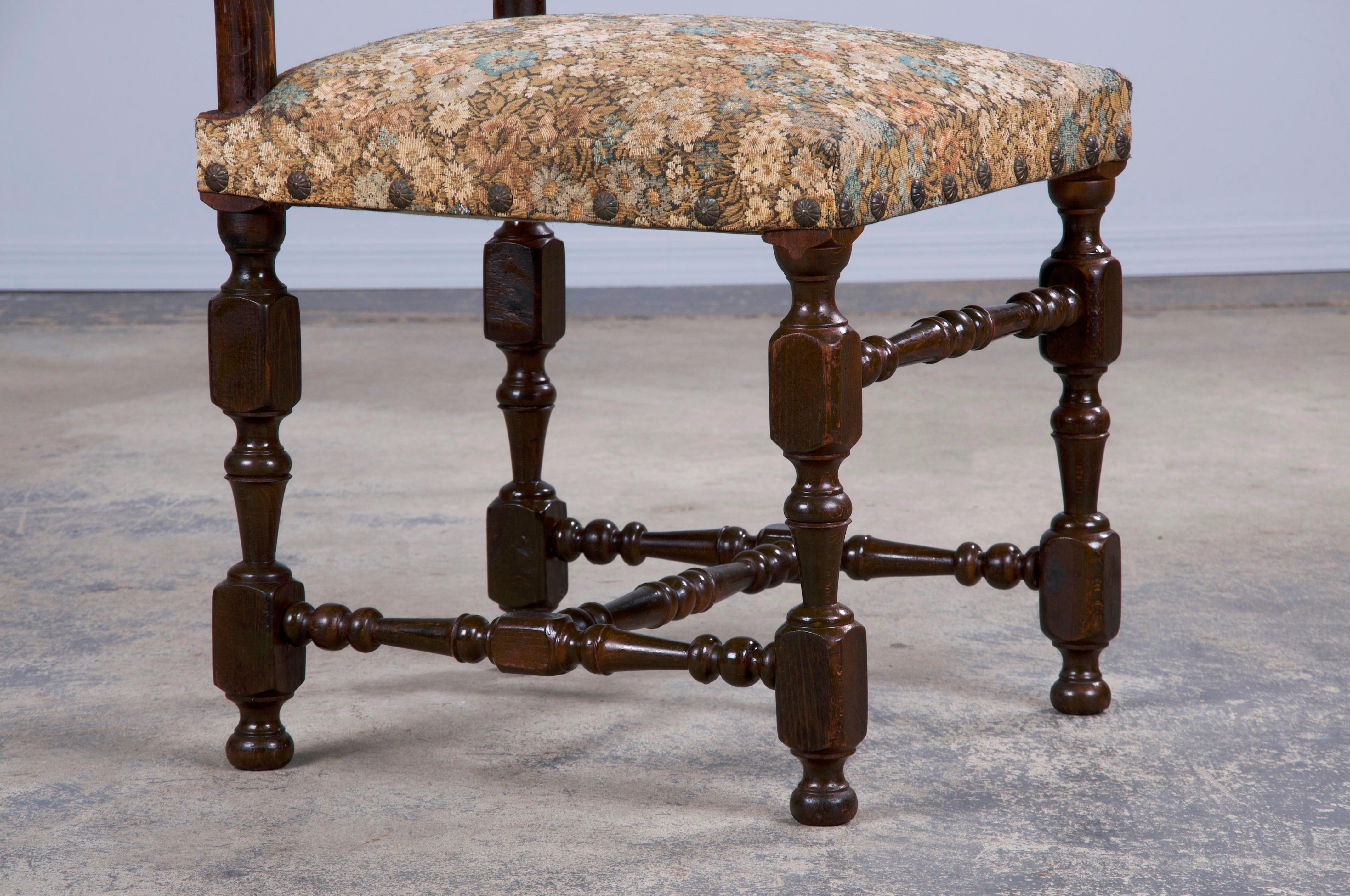French Louis XIII Style Maple Dining Chairs W/ Floral Fabric - Set of 8 3