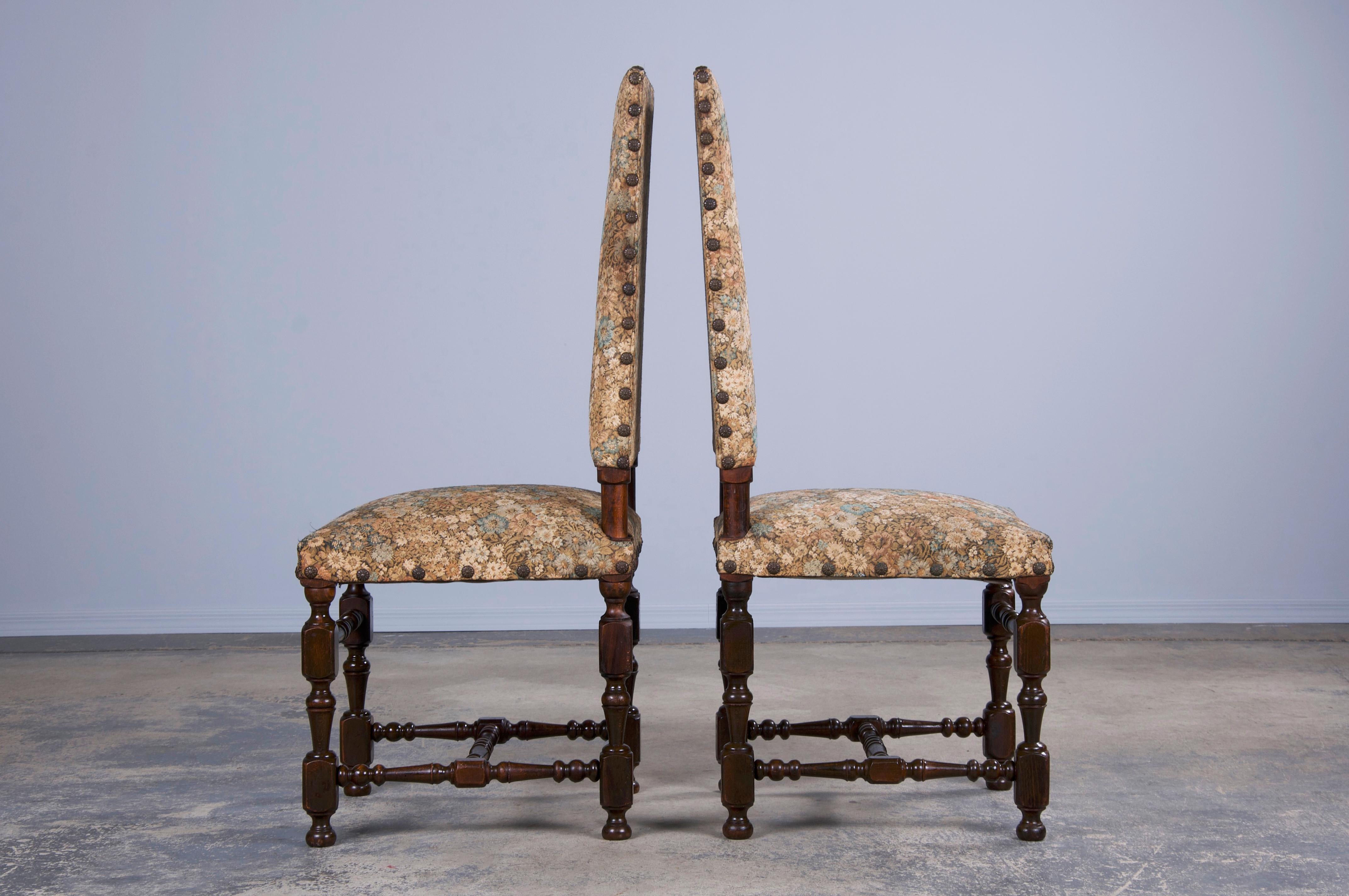 French Louis XIII Style Maple Dining Chairs W/ Floral Fabric - Set of 8 4