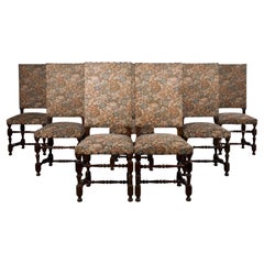 Antique French Louis XIII Style Maple Dining Chairs W/ Floral Fabric - Set of 8