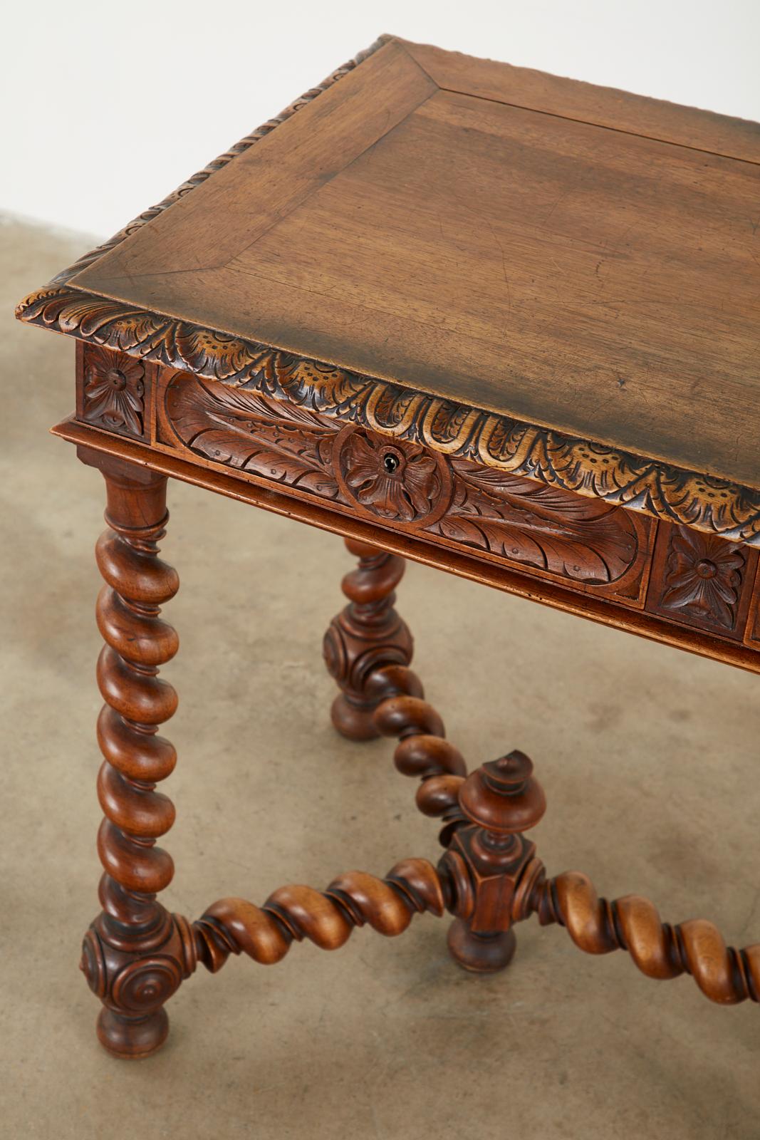 French Louis XIII Style Oak Barley Twist Library Table Desk For Sale 3