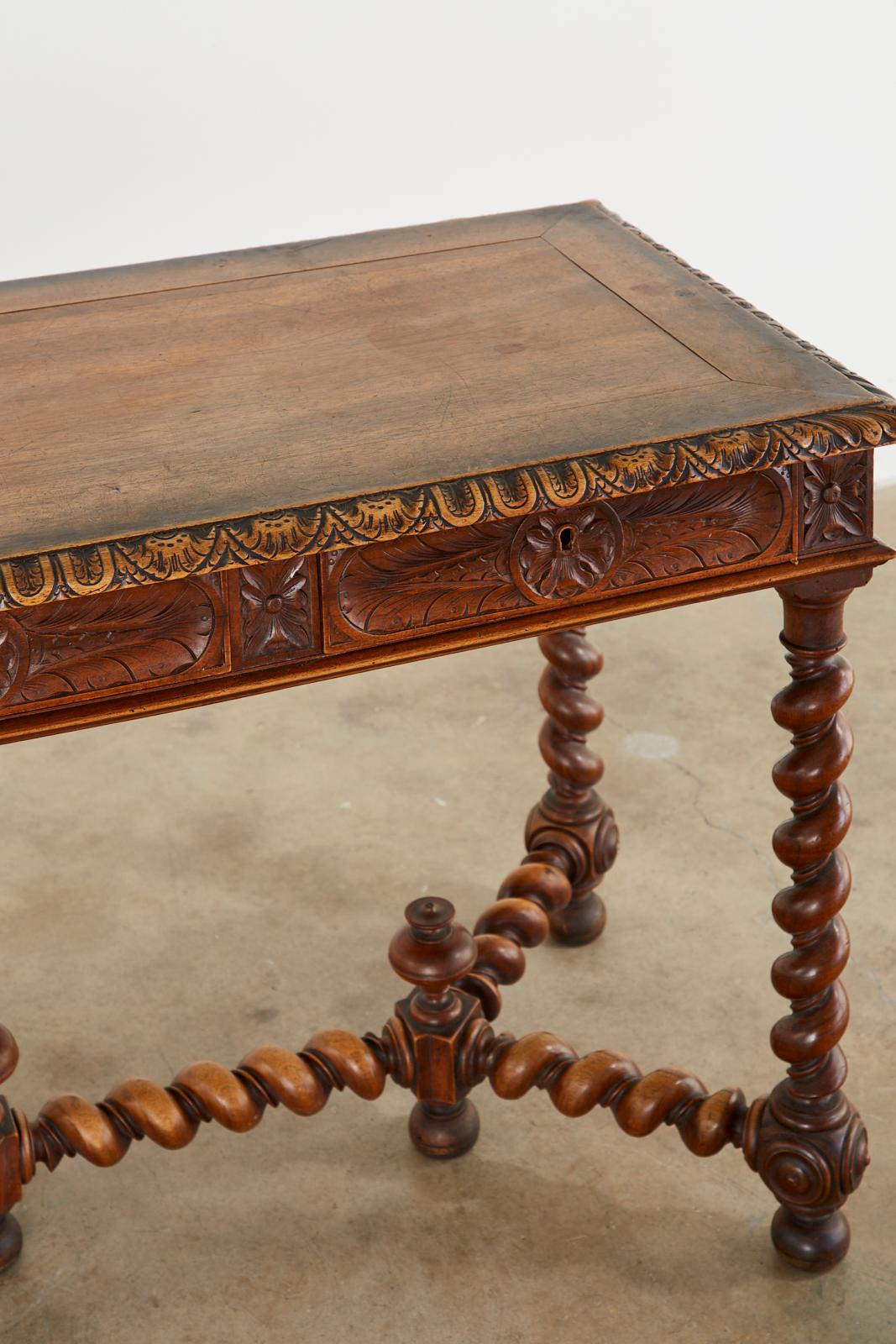 French Louis XIII Style Oak Barley Twist Library Table Desk For Sale 4