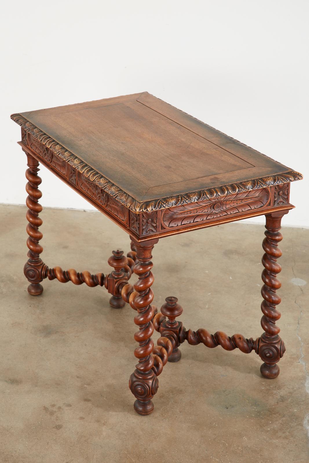 French Louis XIII Style Oak Barley Twist Library Table Desk For Sale 1