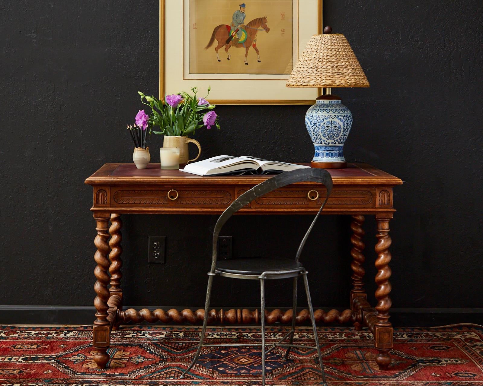 French Louis XIII Style Oak Barley Twist Library Writing Desk 6