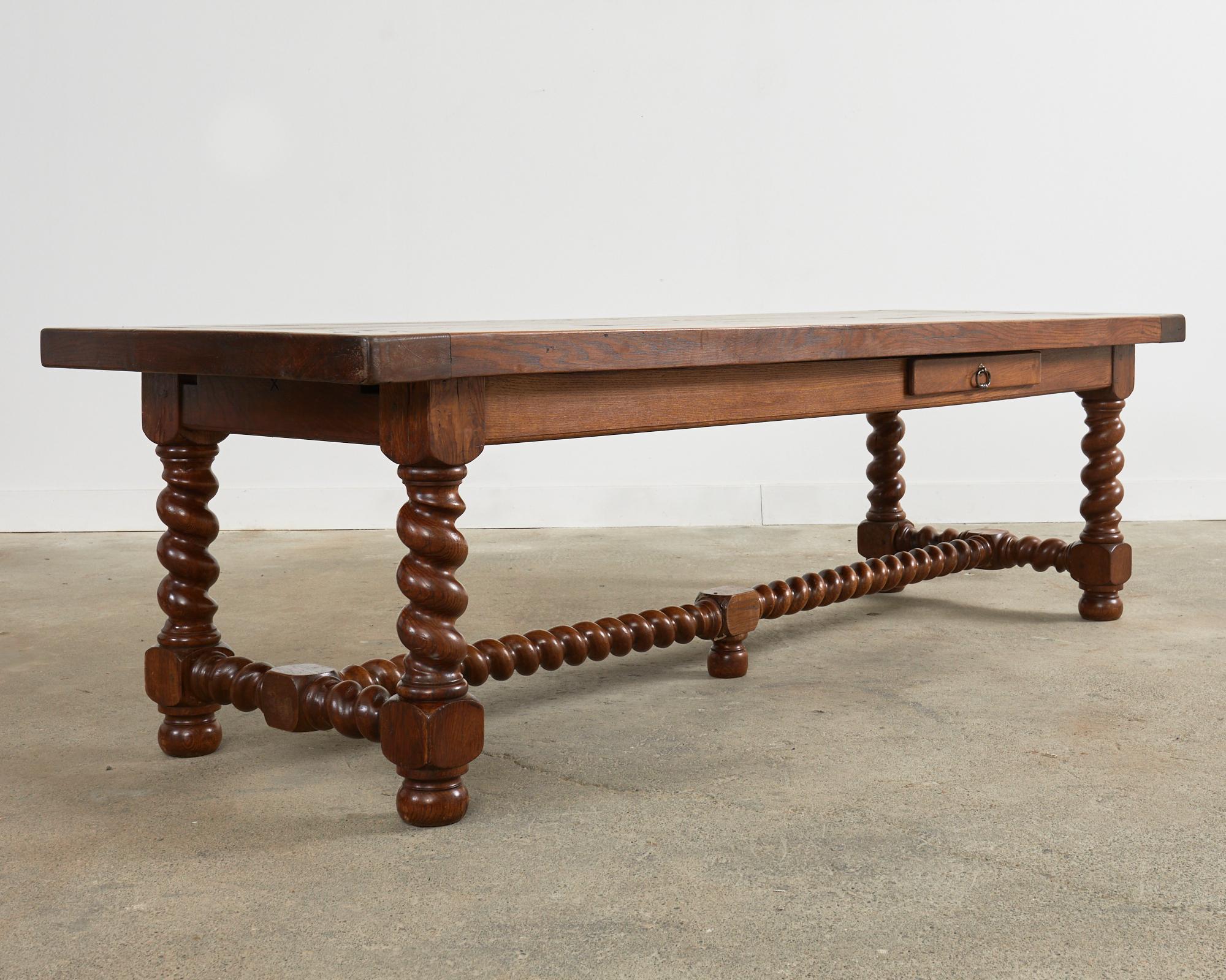French Louis XIII Style Oak Barley Twist Trestle Dining Table For Sale 4