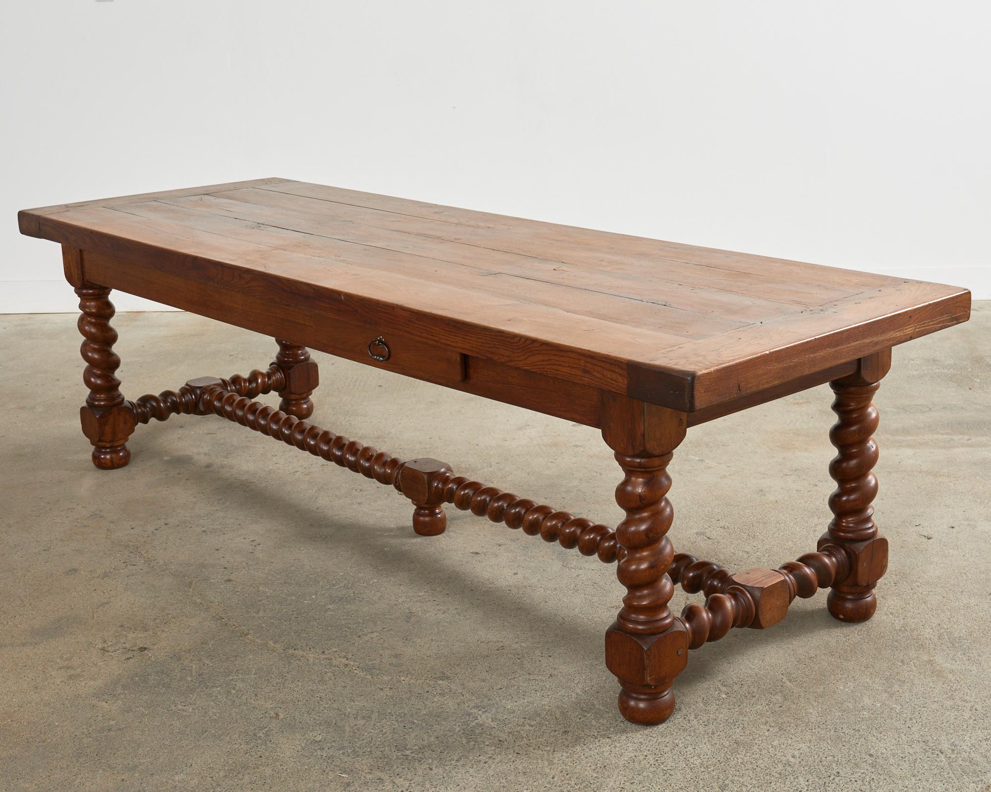 French Louis XIII Style Oak Barley Twist Trestle Dining Table For Sale 11