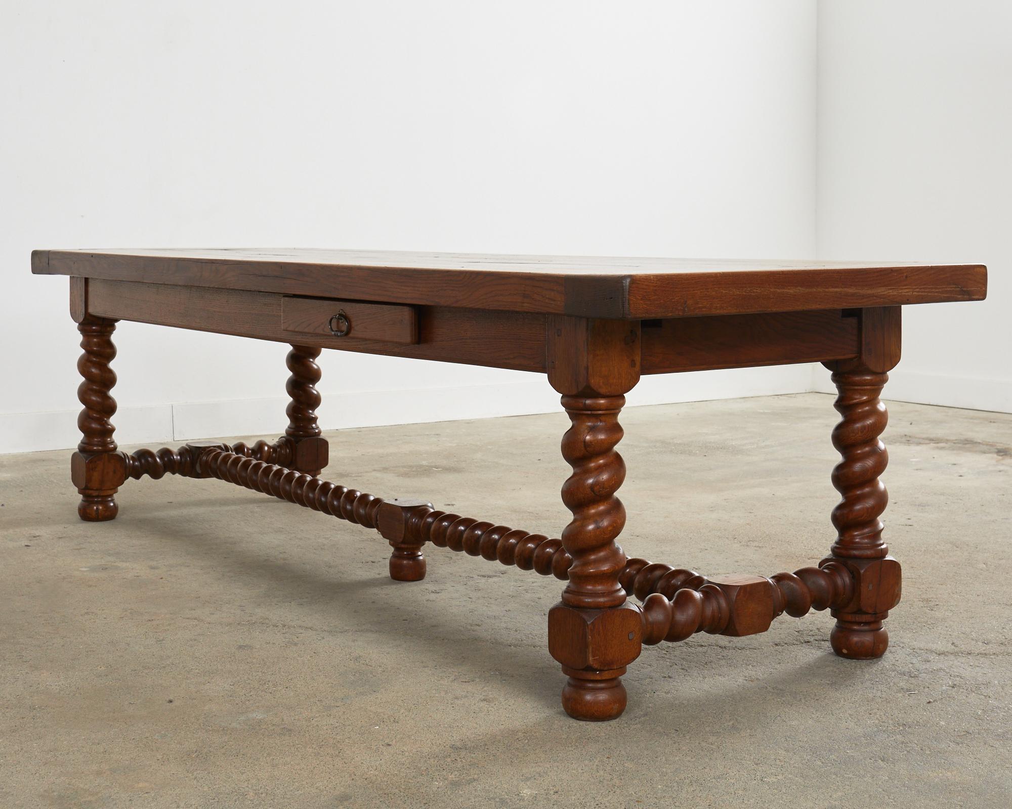 French Louis XIII Style Oak Barley Twist Trestle Dining Table For Sale 14