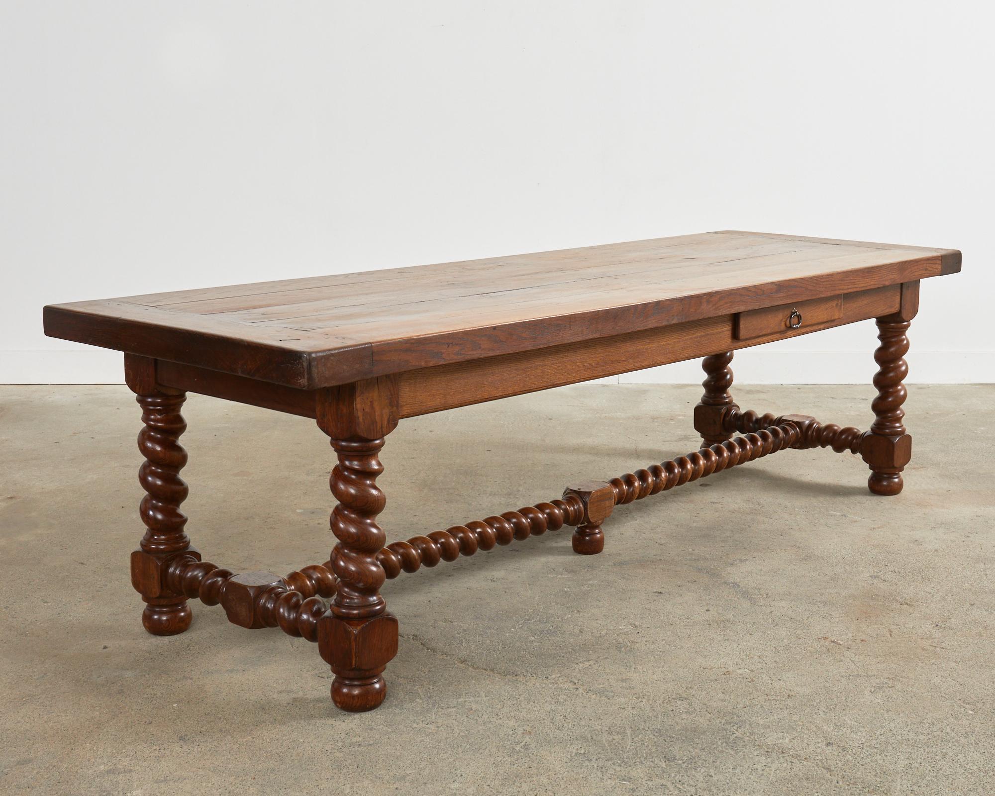 Hand-Crafted French Louis XIII Style Oak Barley Twist Trestle Dining Table For Sale