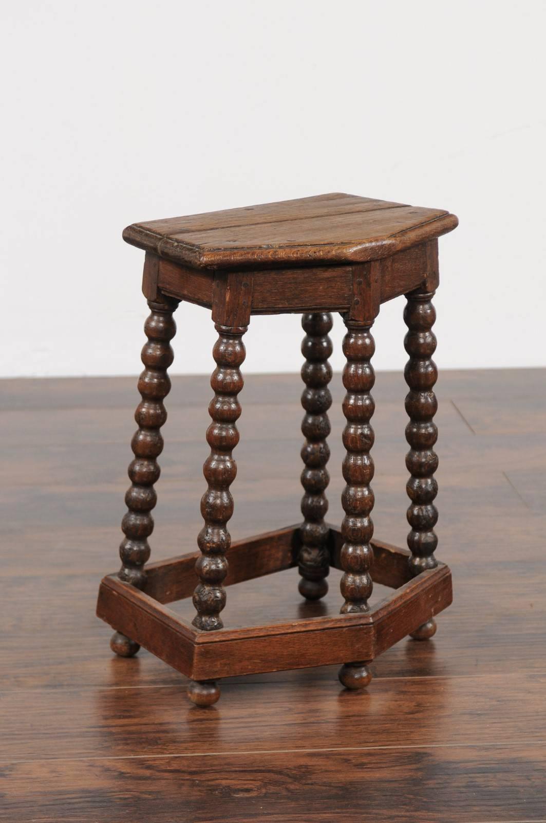 French Louis XIII Style Oak Stool with Bobbin Legs and Side Stretcher, 1860s In Good Condition In Atlanta, GA