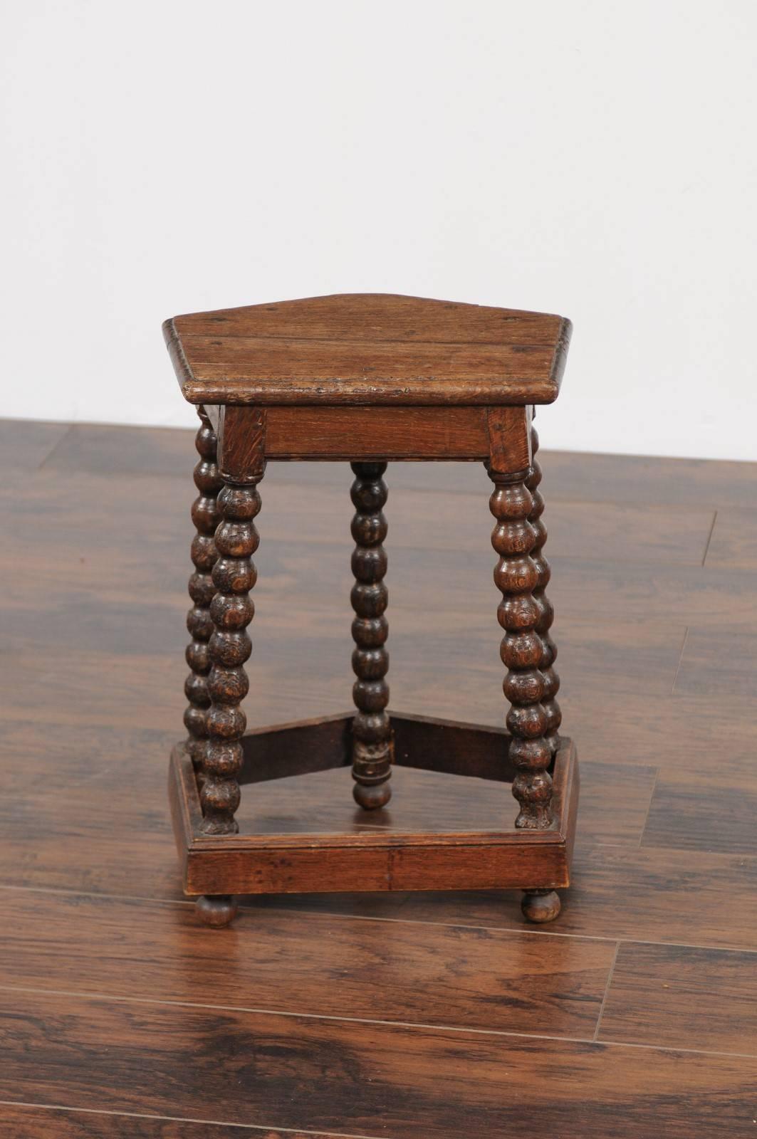 French Louis XIII Style Oak Stool with Bobbin Legs and Side Stretcher, 1860s 1