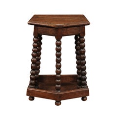 French Louis XIII Style Oak Stool with Bobbin Legs and Side Stretcher, 1860s