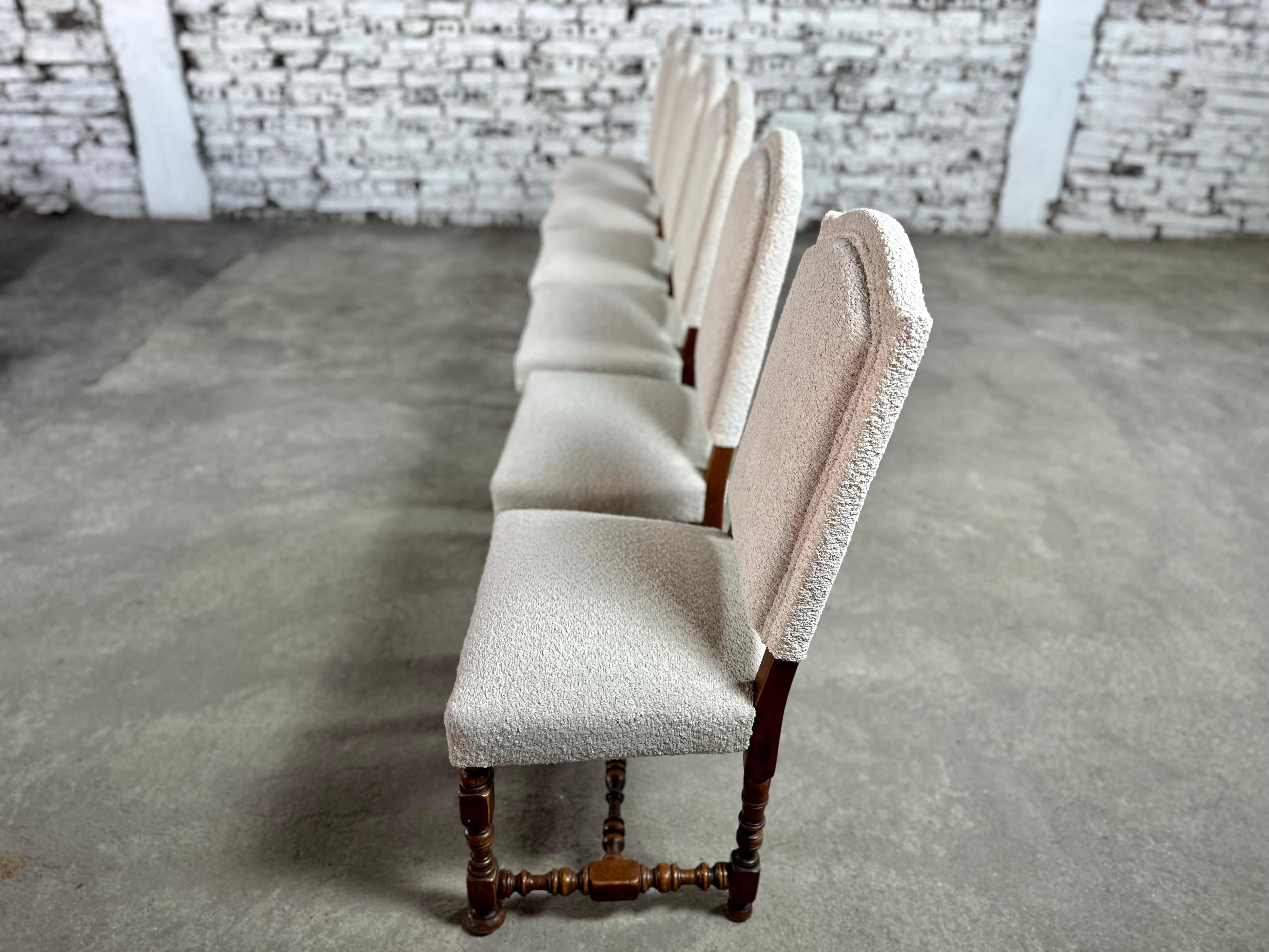 French Louis XIII Style Side Dining Chairs, Reupholstered - Set of 6 For Sale 5