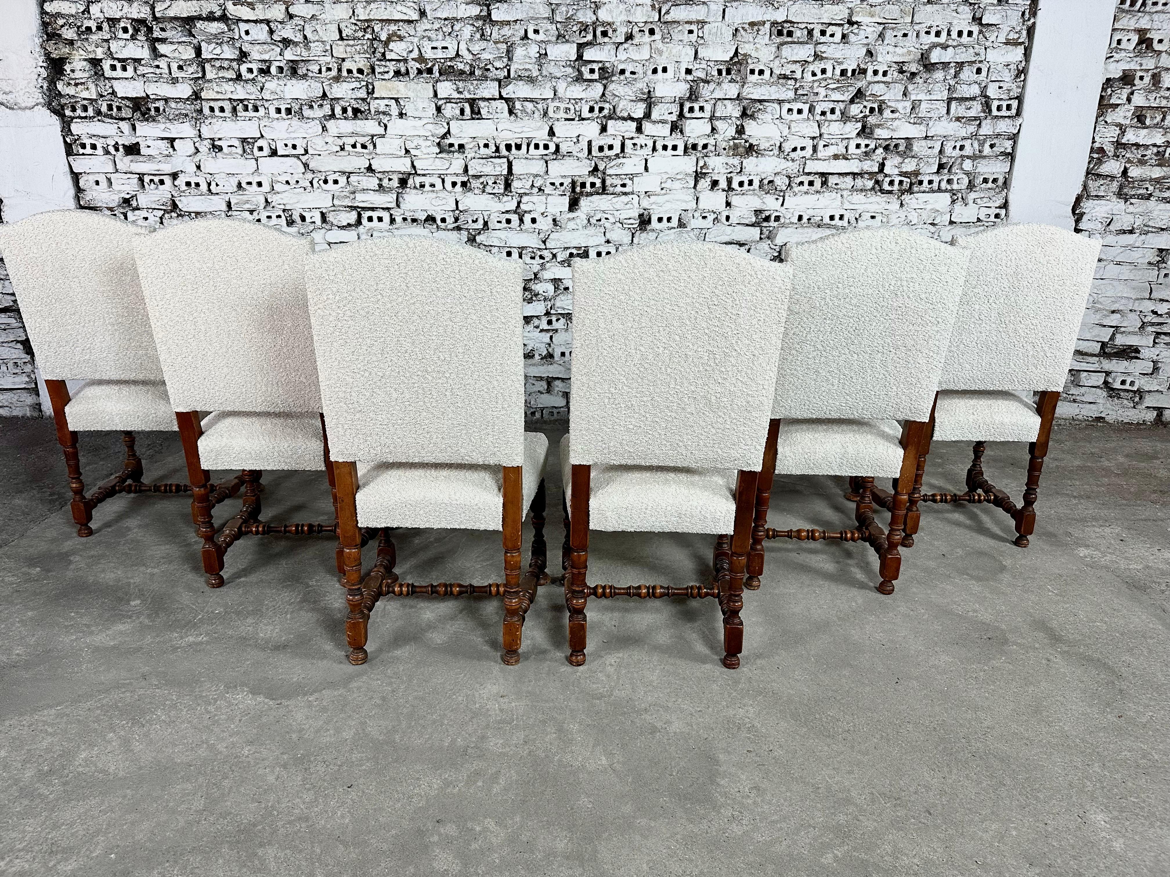 French Louis XIII Style Side Dining Chairs, Reupholstered - Set of 6 For Sale 9
