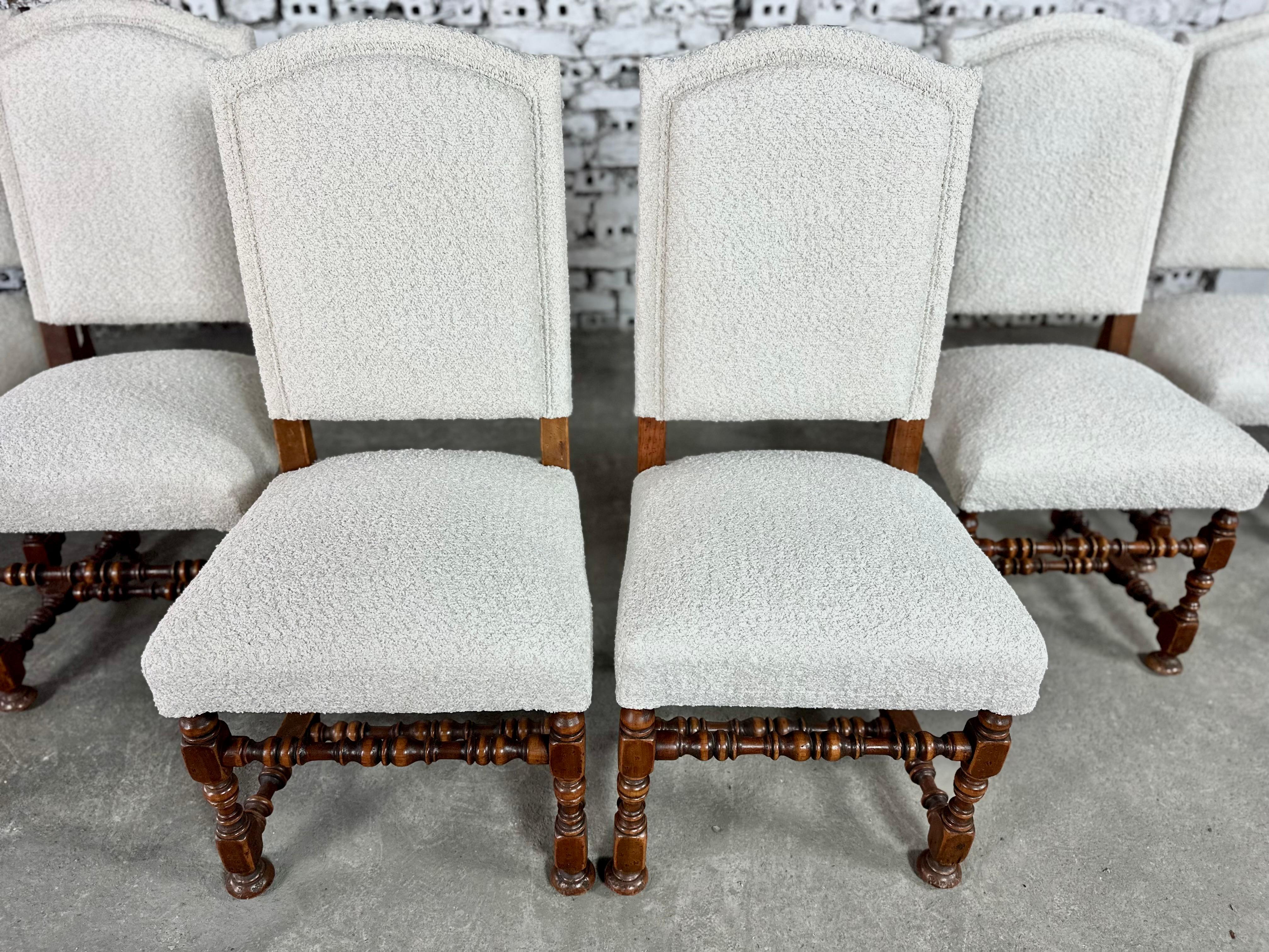 Fabric French Louis XIII Style Side Dining Chairs, Reupholstered - Set of 6 For Sale